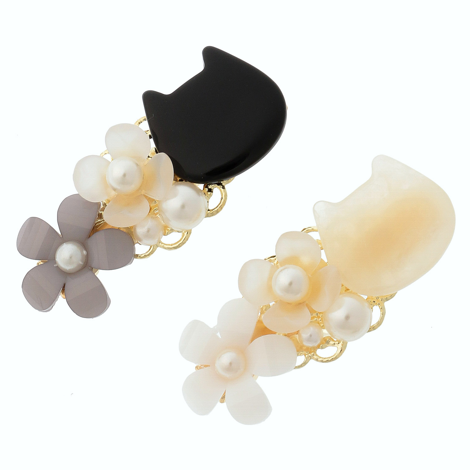 猫と花ヘアクリップ