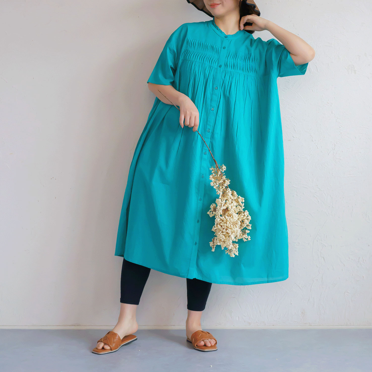 胸元ウェーブピンタック前開きワンピース - 画像7