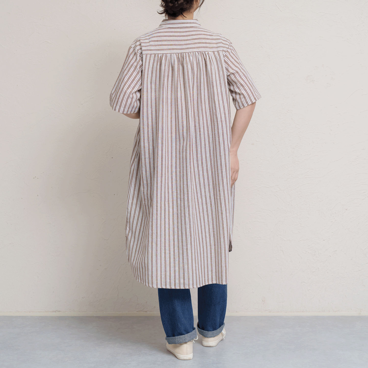 先染めチェック＆ストライプ5分袖シャツワンピース - 画像3