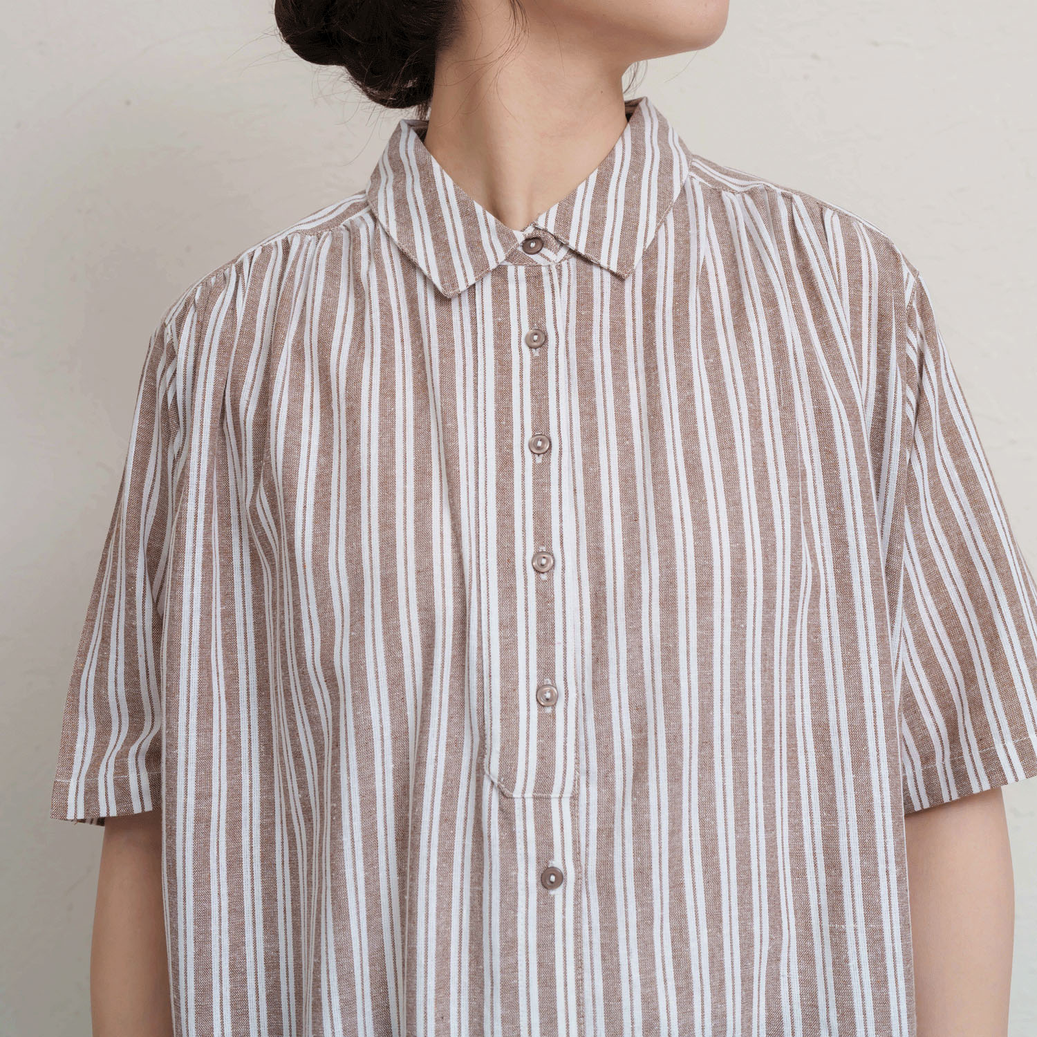 先染めチェック＆ストライプ5分袖シャツワンピース - 画像4