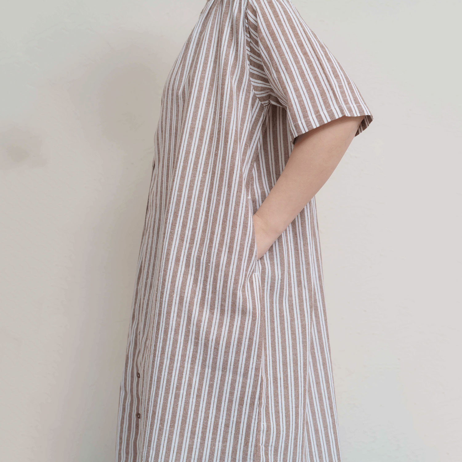 先染めチェック＆ストライプ5分袖シャツワンピース - 画像5