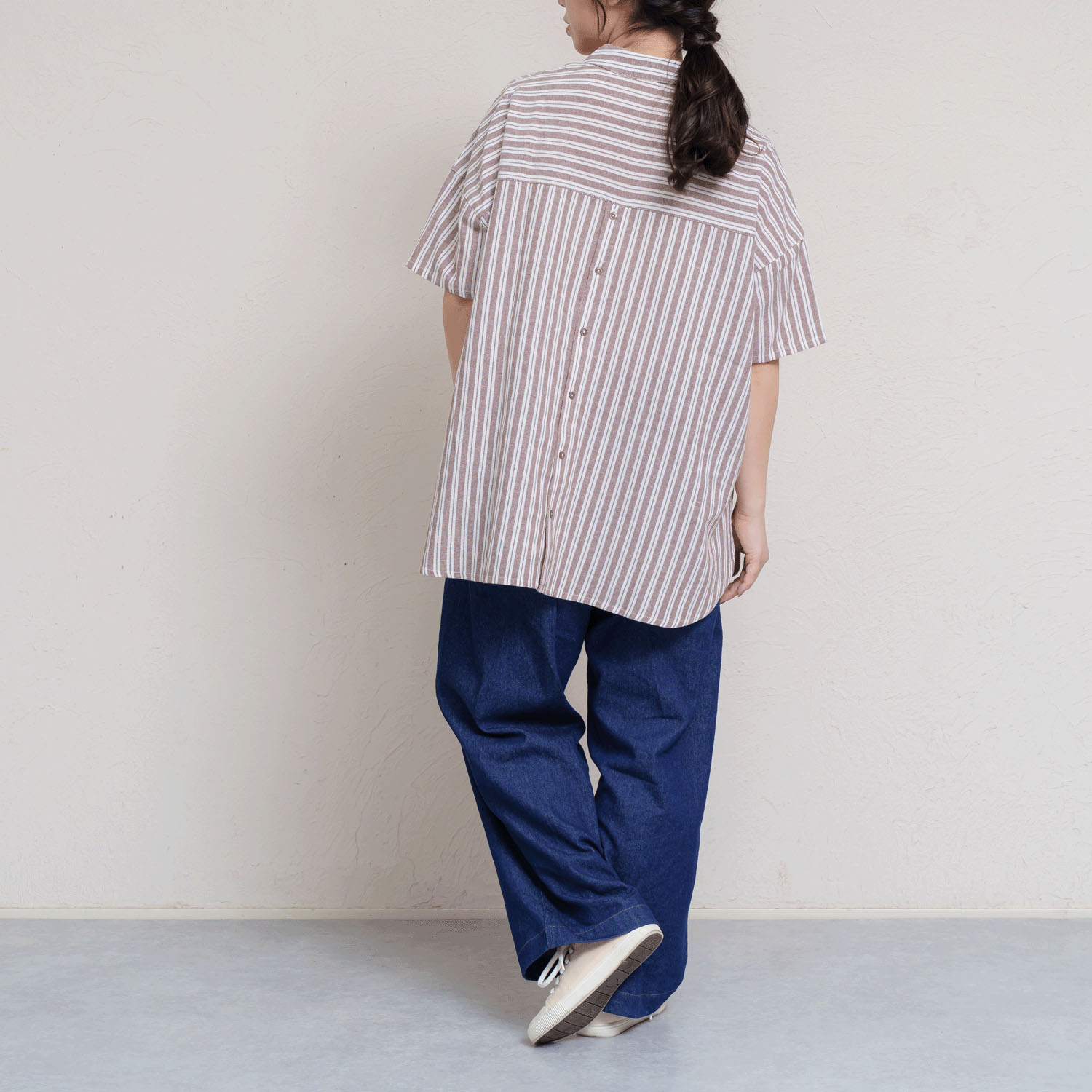 先染めチェック＆ストライプバックデザイン5分袖ブラウス - 画像3