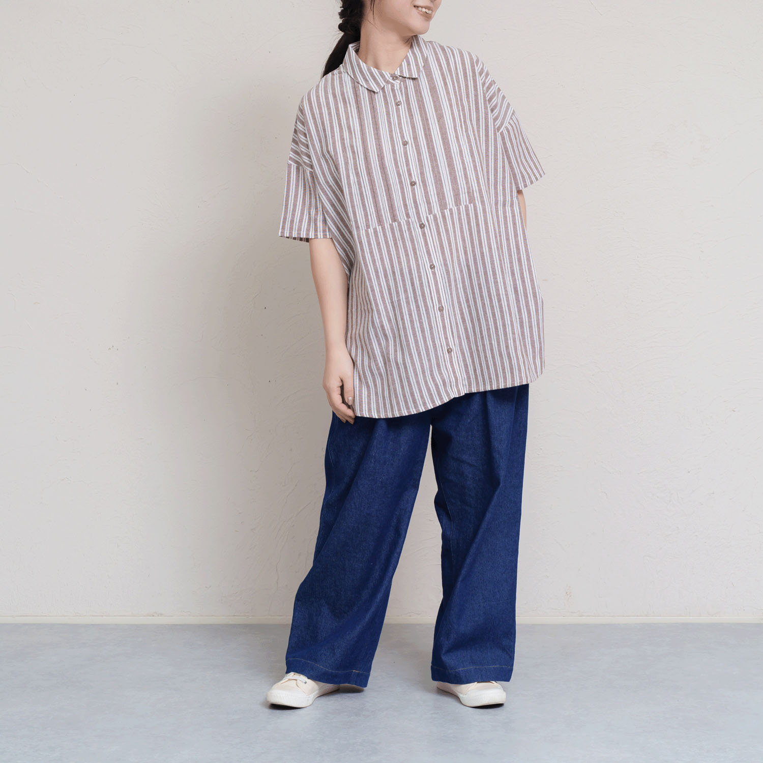 先染めチェック＆ストライプバックデザイン5分袖ブラウス - 画像1