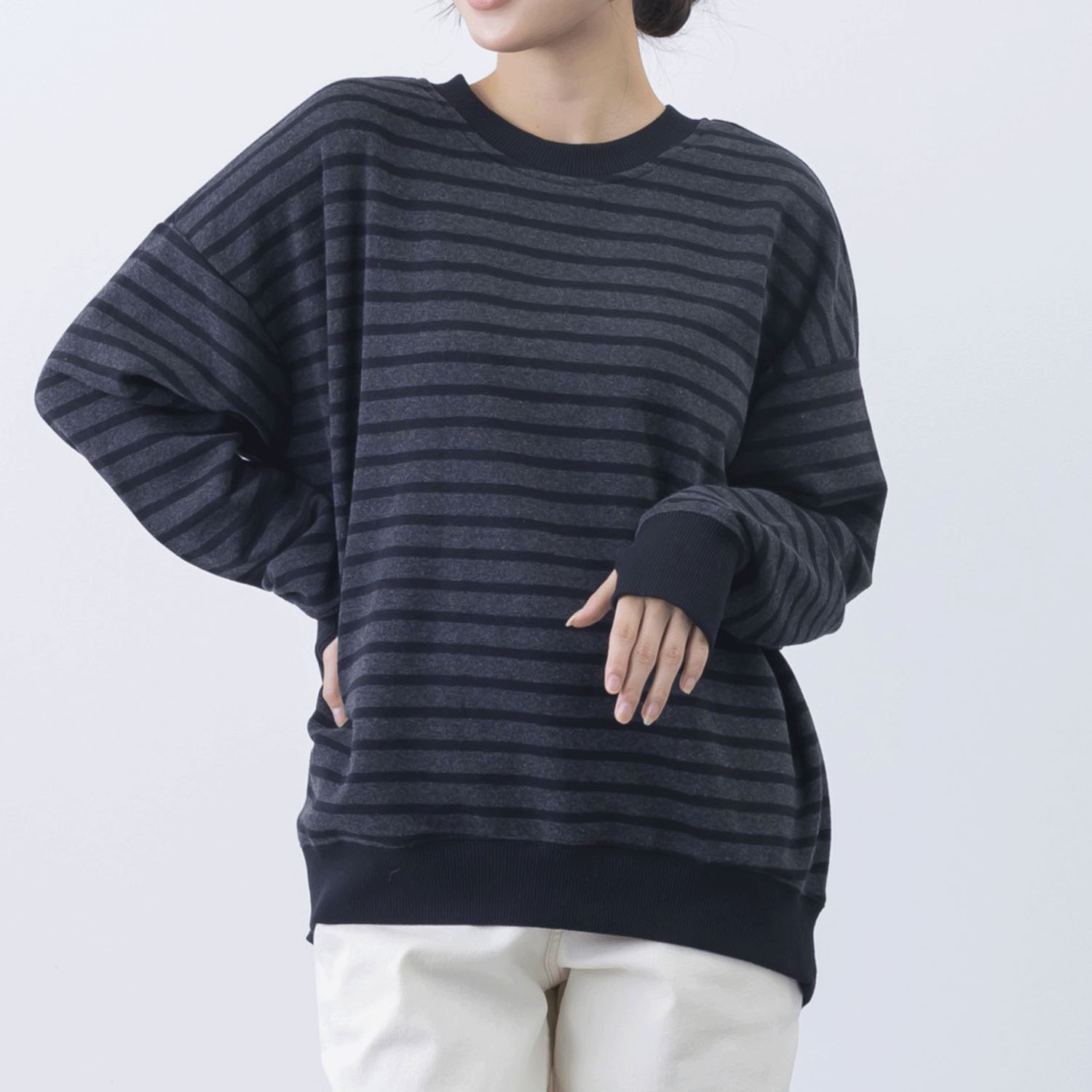 CVC裏起毛ボーダー柄バックジップアップPO - 画像2