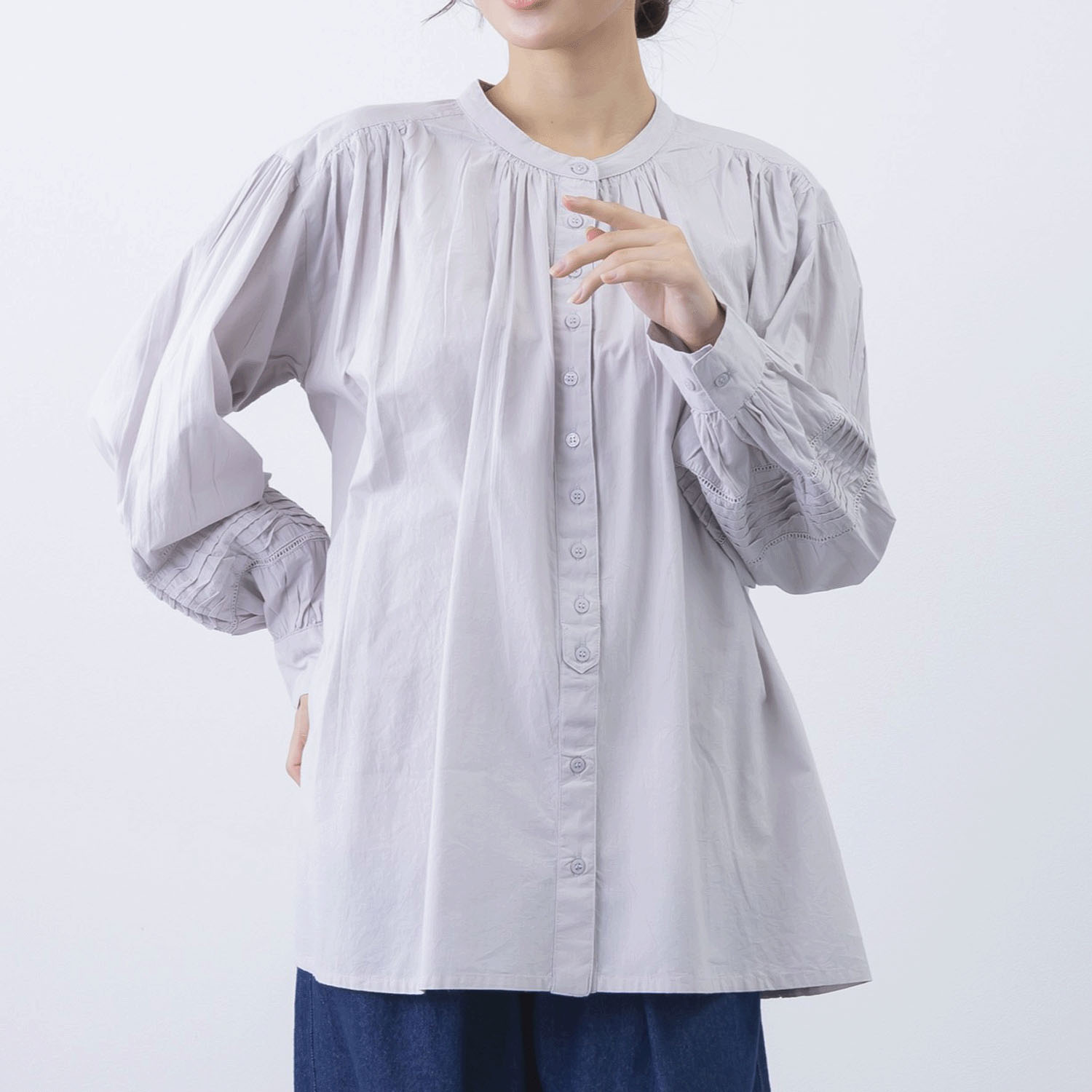 袖ウェーブピンタック前開きブラウス - 画像2