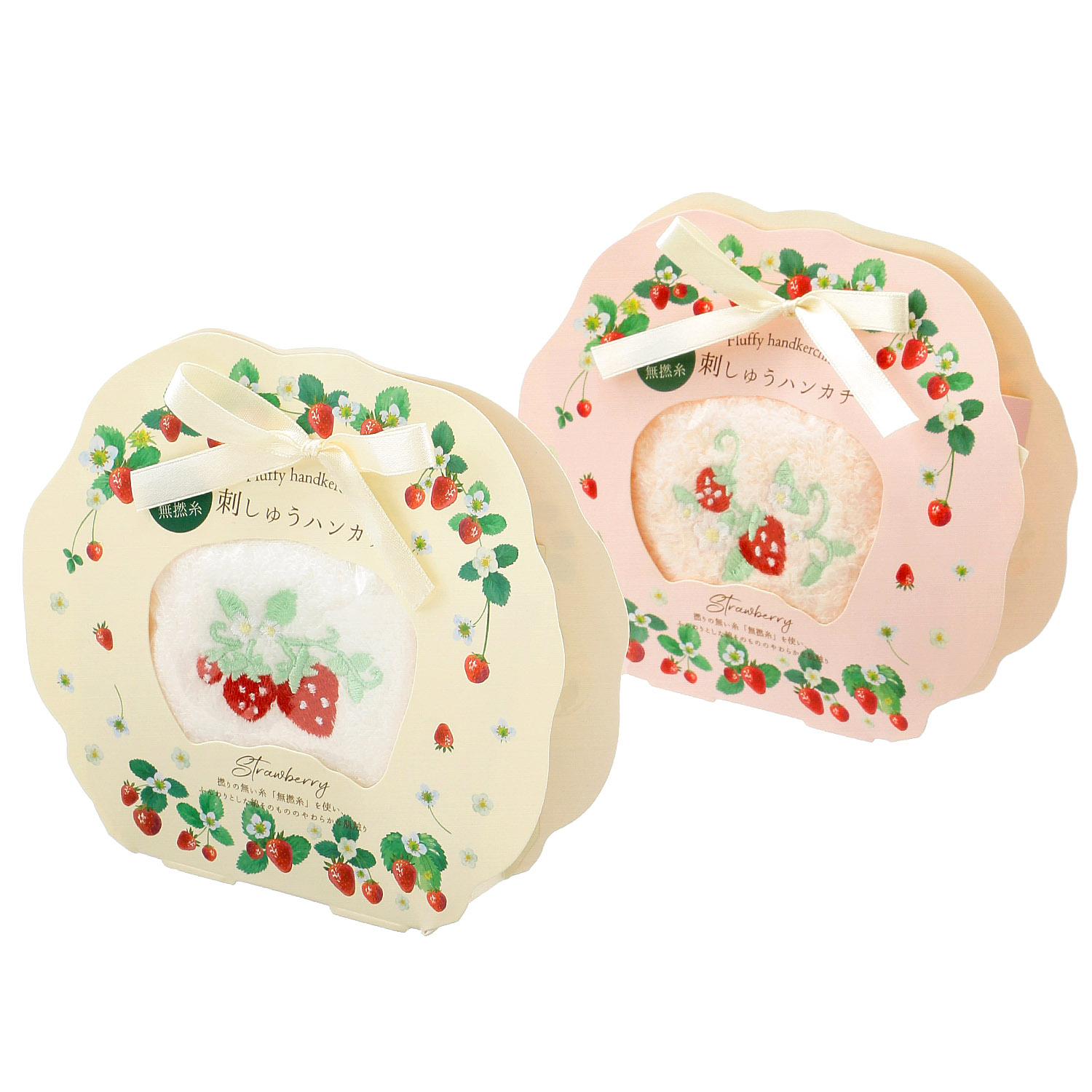 両面無撚糸 刺繍ハンカチ イチゴ - 画像1
