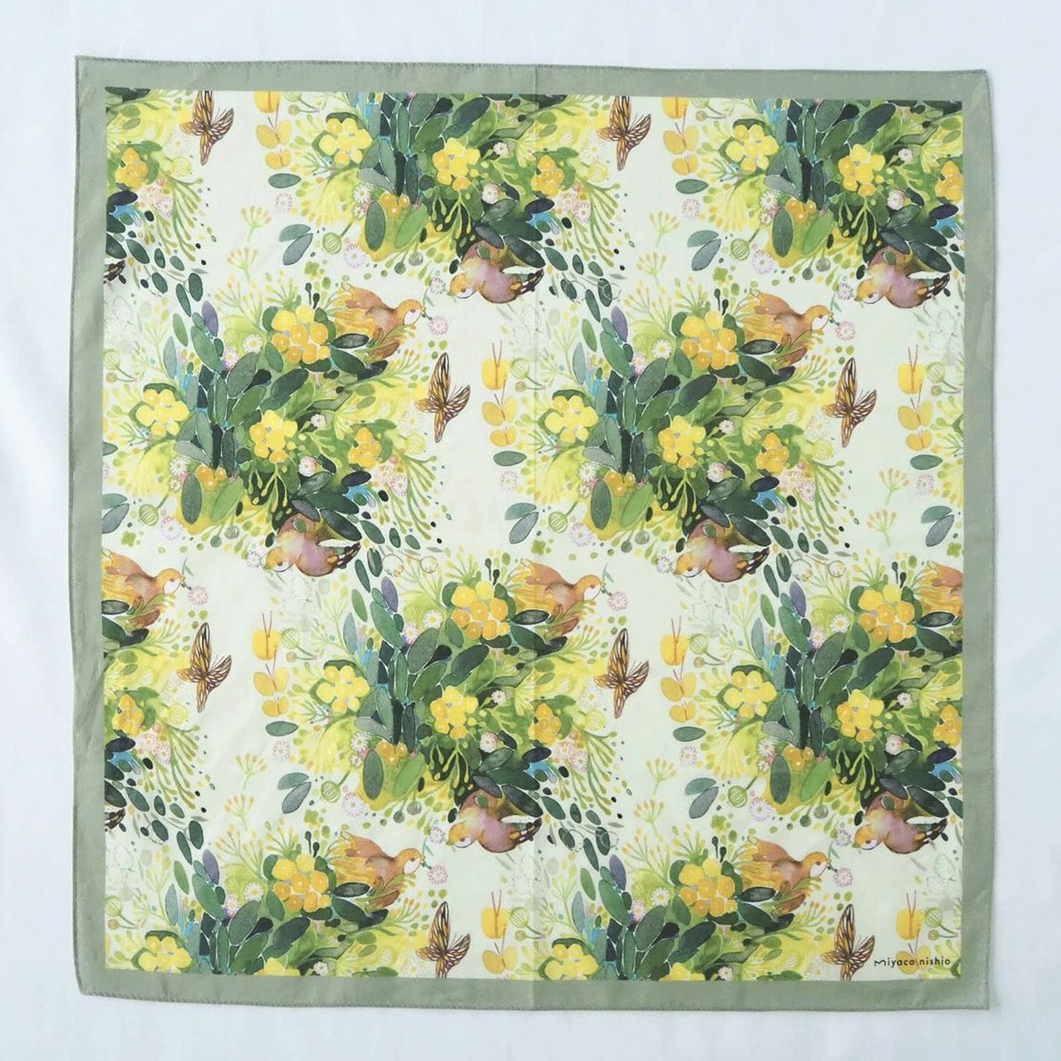 miyaco スカーフにもなる水彩画 ハンカチ 新緑と鳥 - 画像3