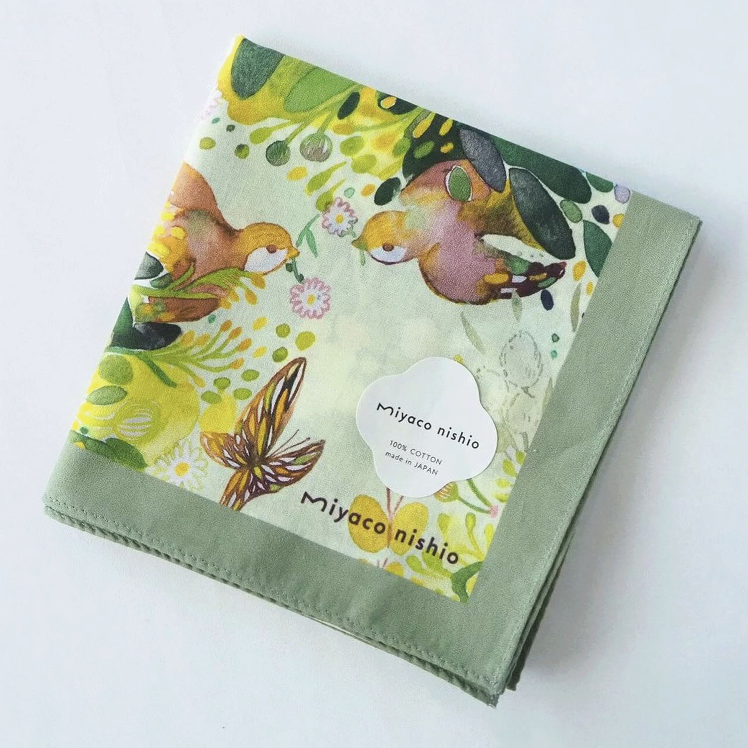 miyaco スカーフにもなる水彩画 ハンカチ 新緑と鳥