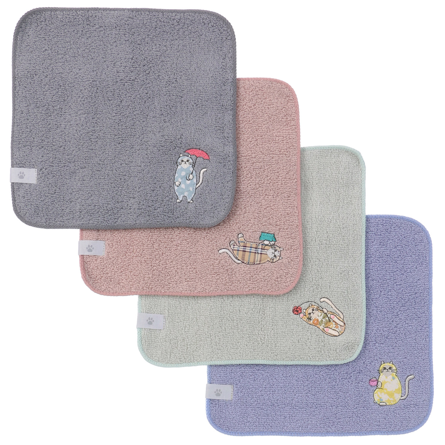 日曜日のネコ 無撚糸パイルアップリケ刺繍ハンカチ