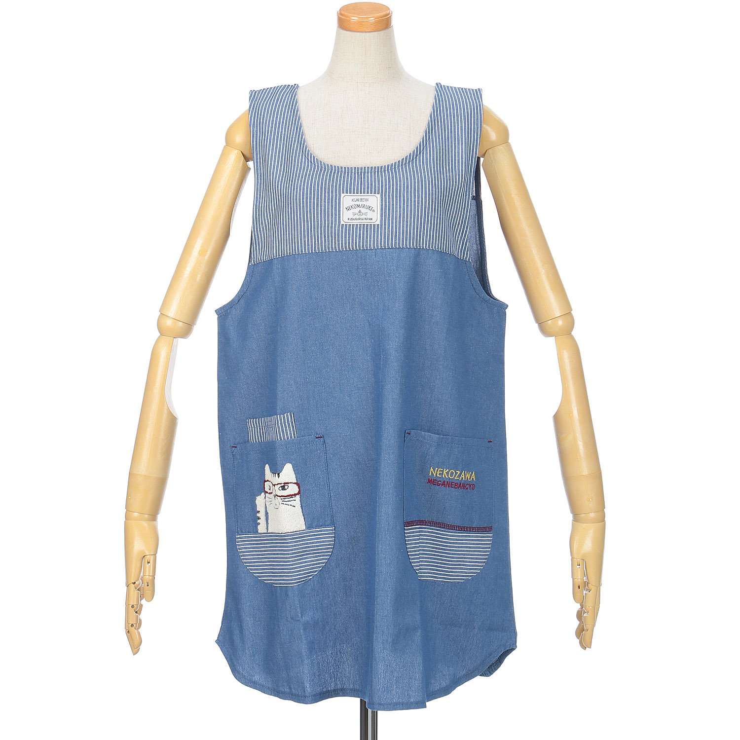 ネコまるけ 先染めデニム調＆ヒッコリー 釦リボンあきエプロン - 画像1