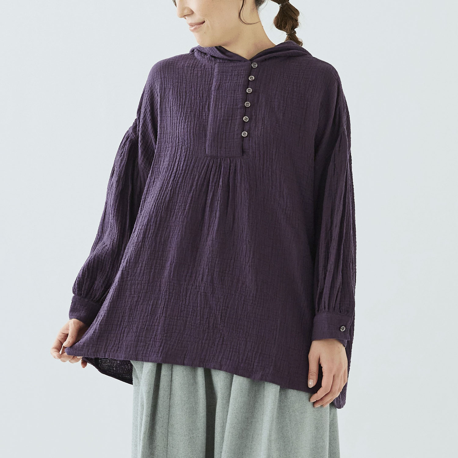 ノンノ コットン楊柳Wガーゼ半開フード付きチュニック