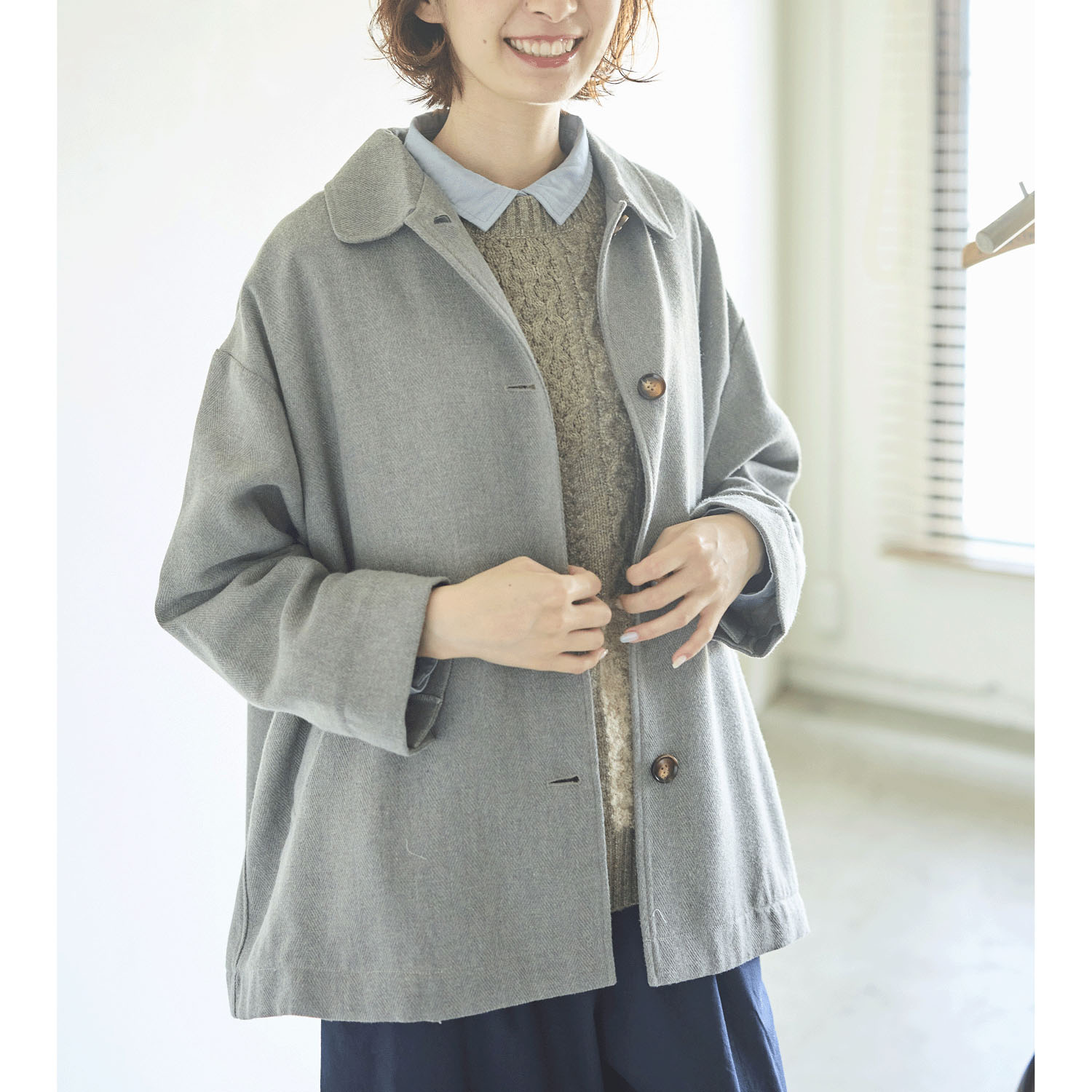 cloudnine ノンノ 毛混 ヘリンボーン柄 ポケット付き 襟付きショートコート - 画像1