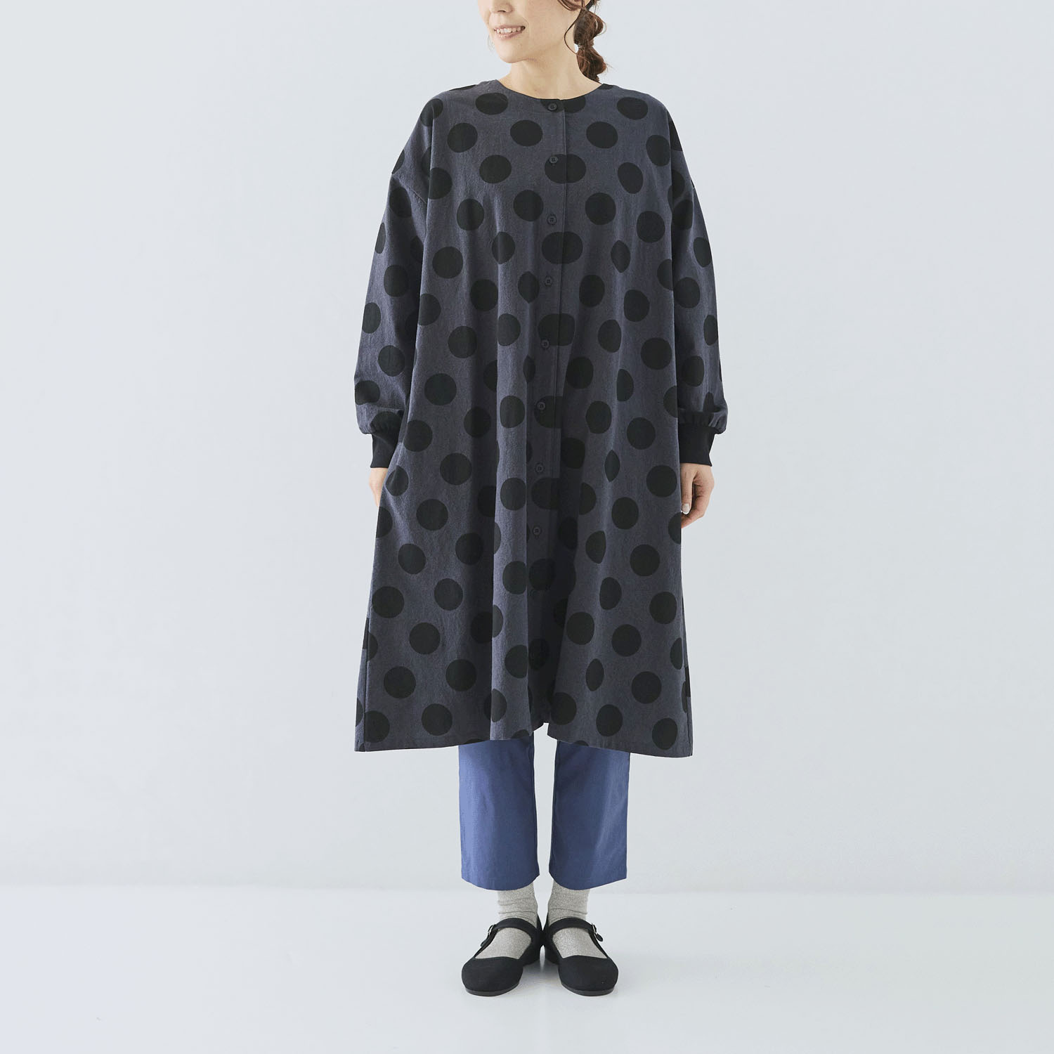 cloudnine ノンノ ドット柄プリント＋リブ 前開きワンピース