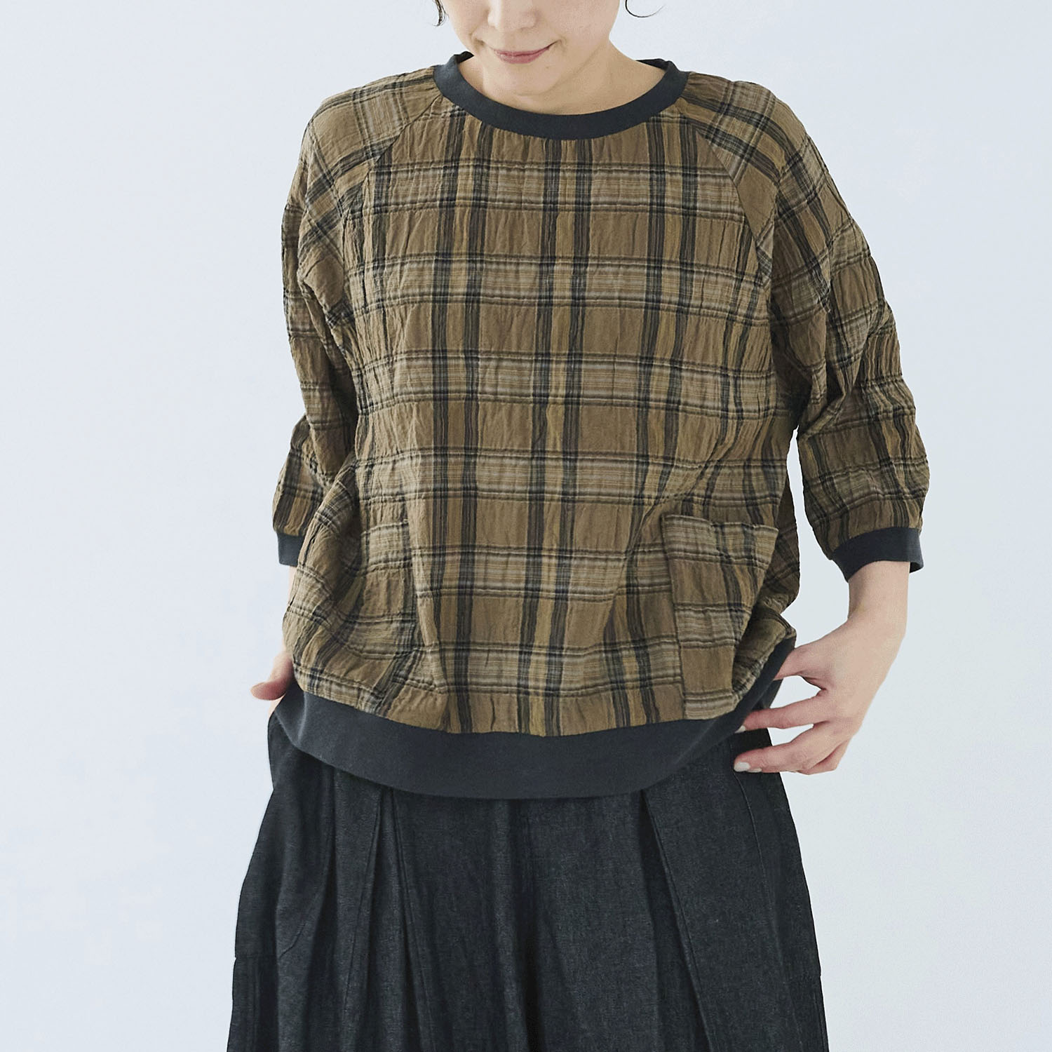 ノンノ ブラウス 綿Pu布帛チェック＋リブ - 画像1