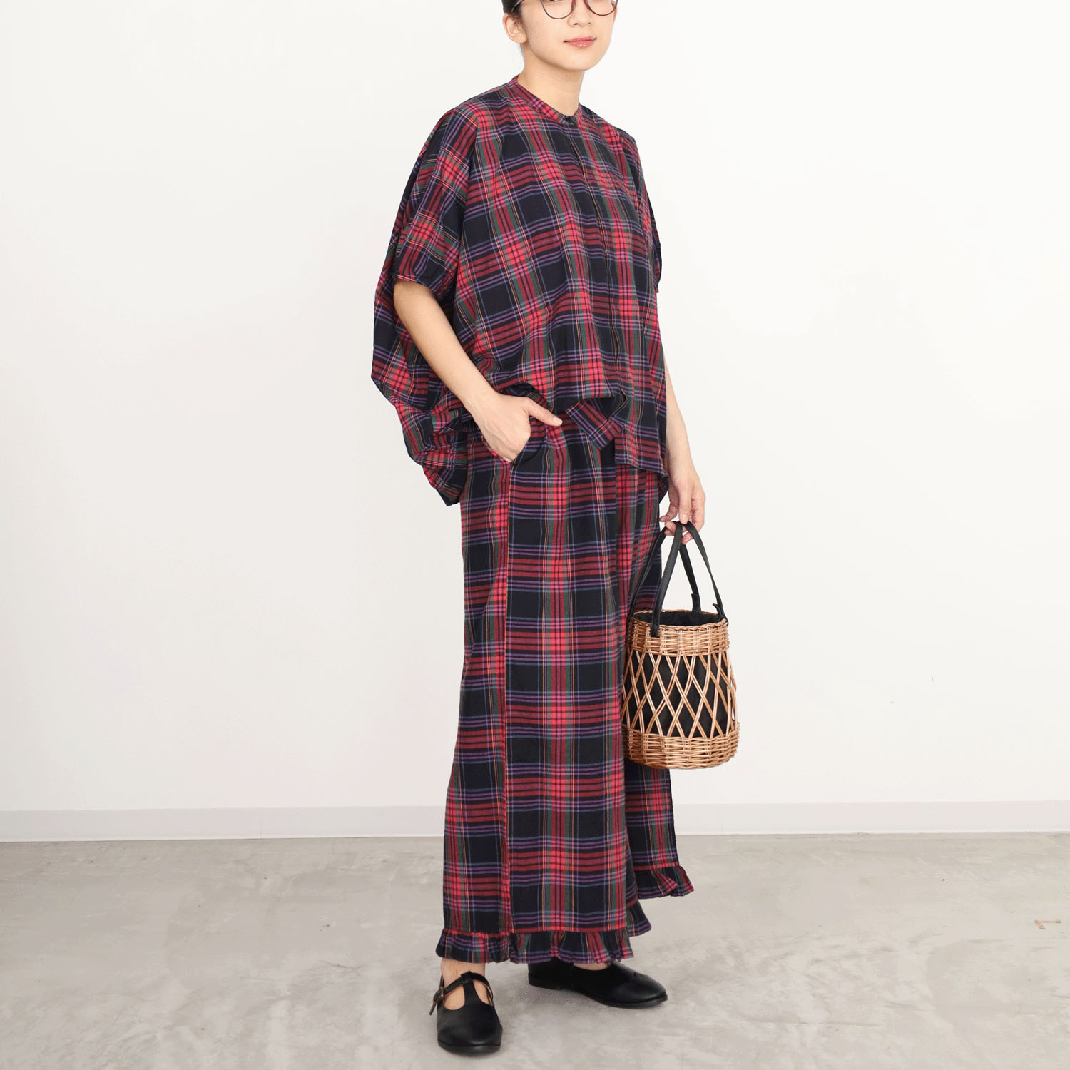 オーブ m．n マドラスチェックドルマンワイドシャツ - 画像2