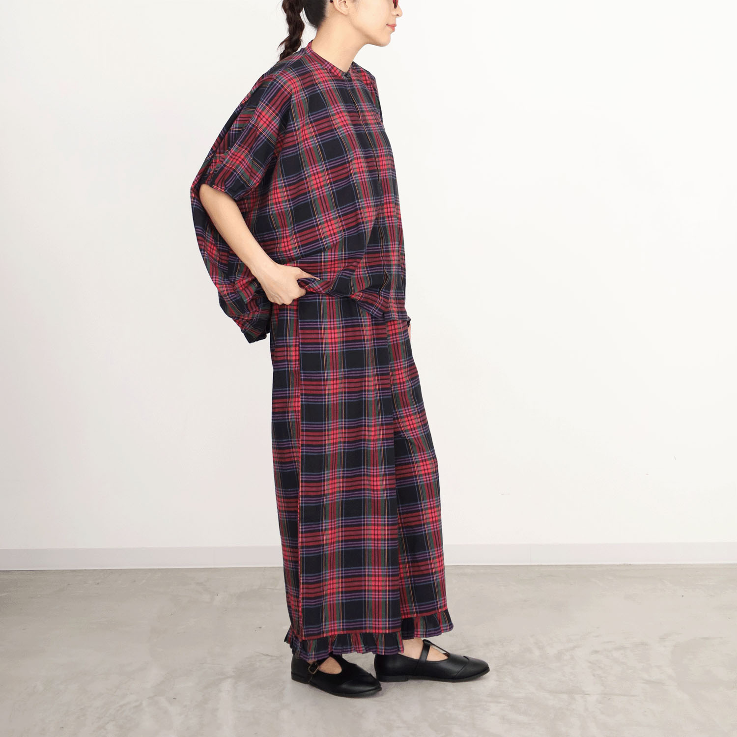 オーブ m．n マドラスチェックドルマンワイドシャツ - 画像3