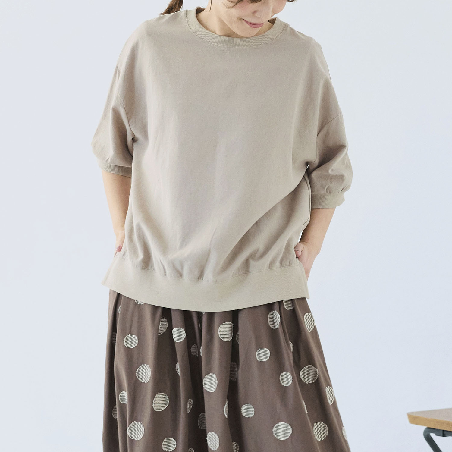 cloudnine ノンノ  綿麻レーヨン布帛×リブ切替5分袖ブラウス