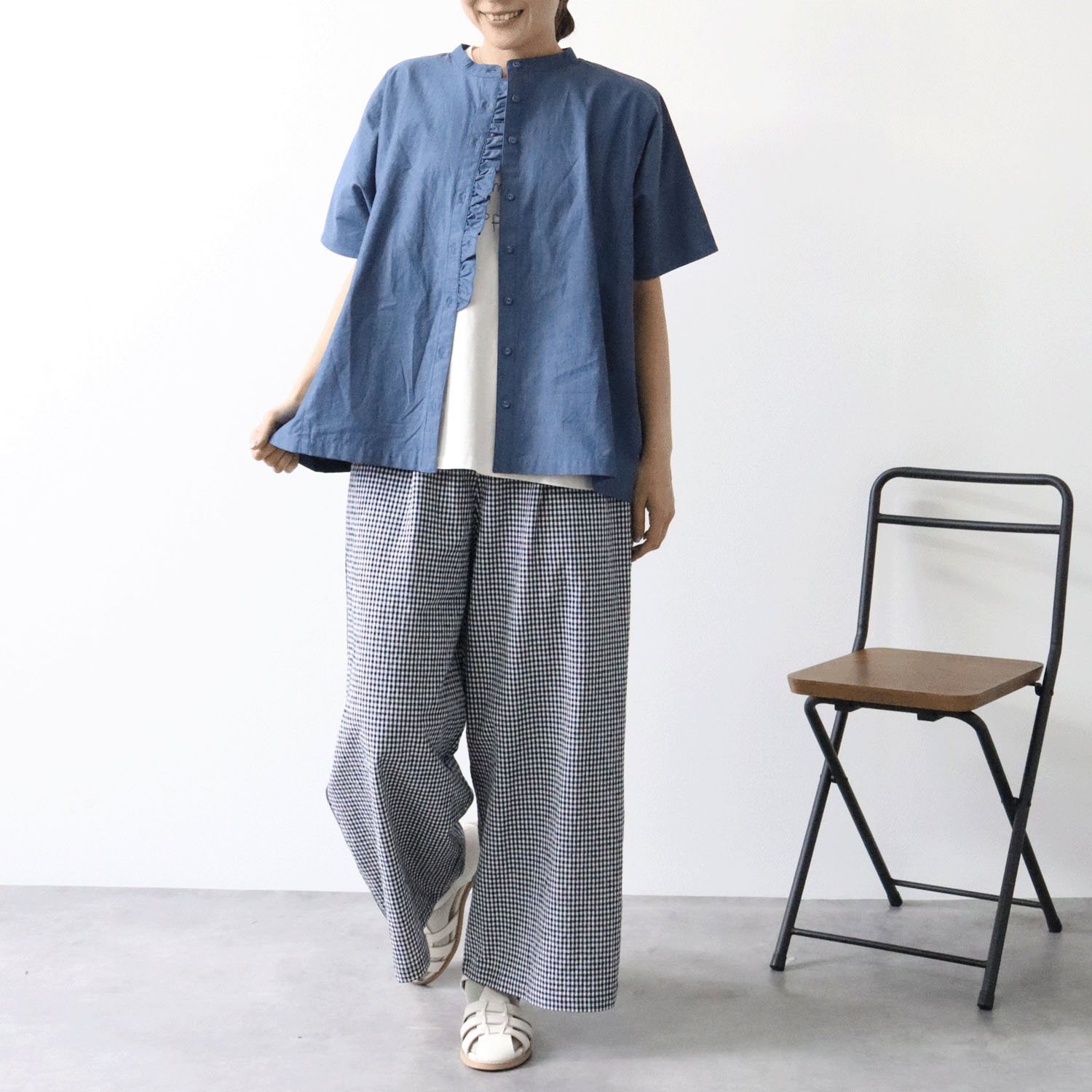 cloudnine ノンノ 3．5ozカラーデニム前立てフリルブラウス - 画像9