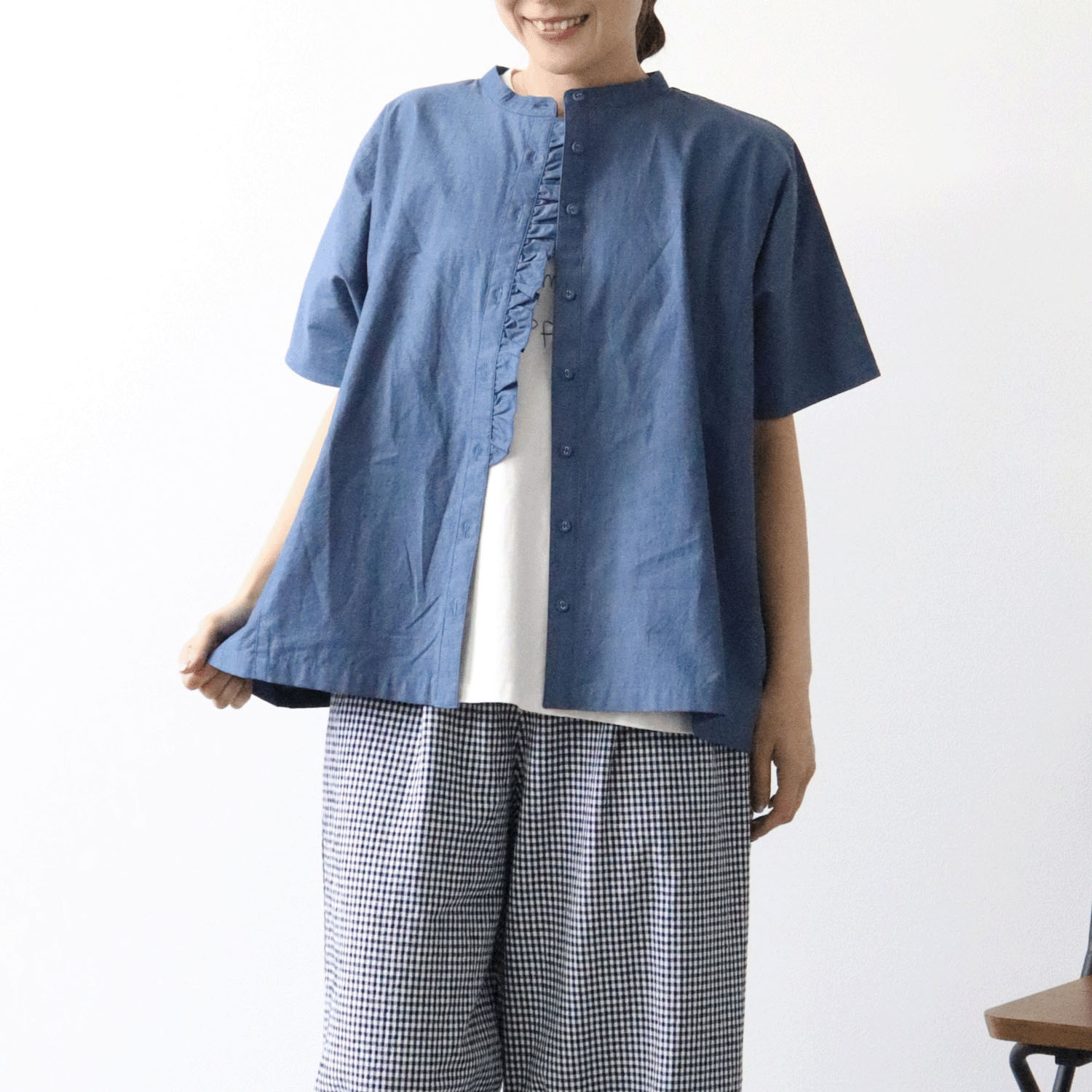 cloudnine ノンノ 3．5ozカラーデニム前立てフリルブラウス