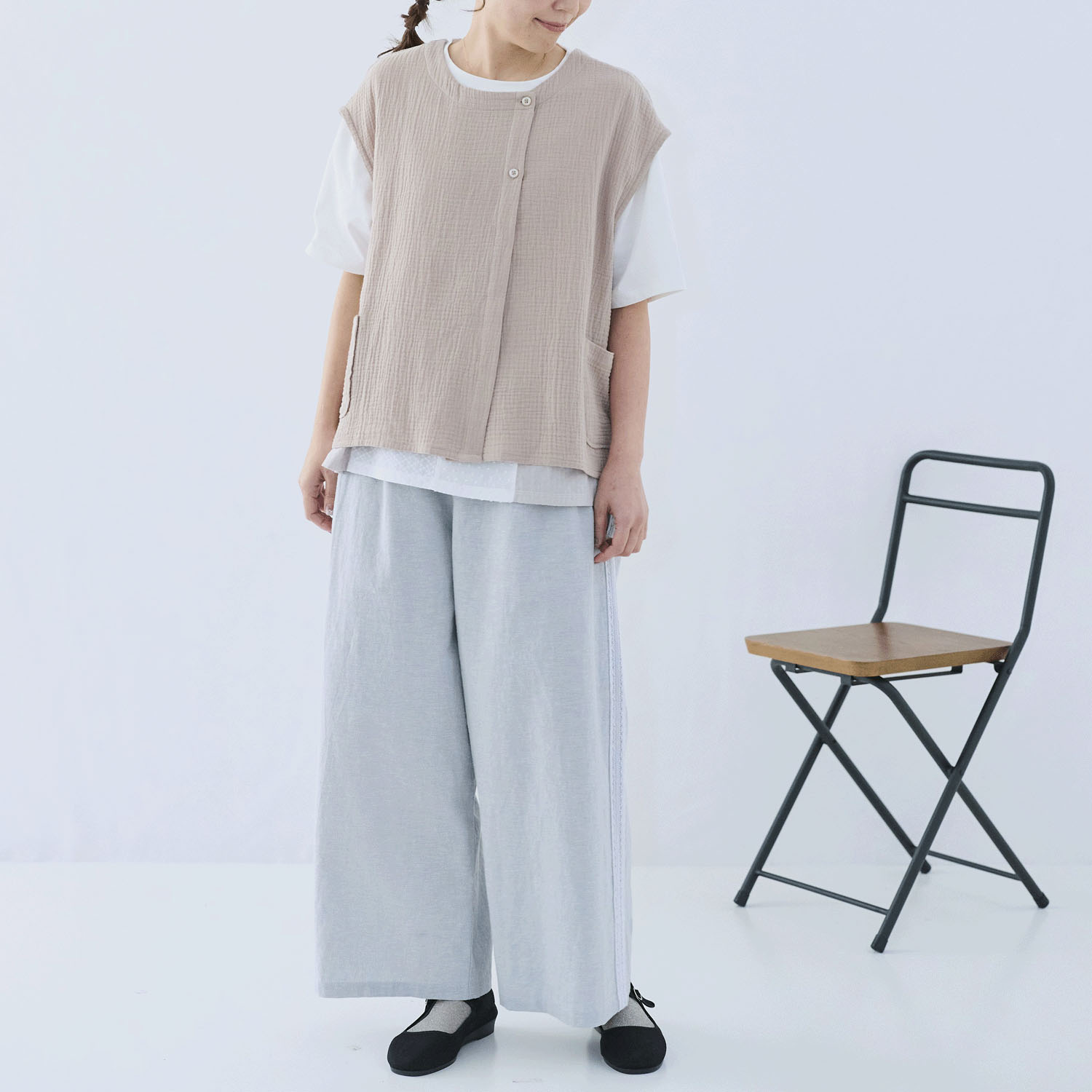 cloudnine ノンノ 先染め綿麻脇レース切替ワイドパンツ - 画像2