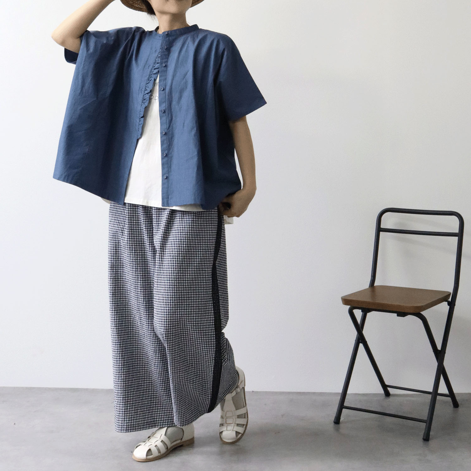 cloudnine ノンノ 先染め綿麻脇レース切替ワイドパンツ - 画像15