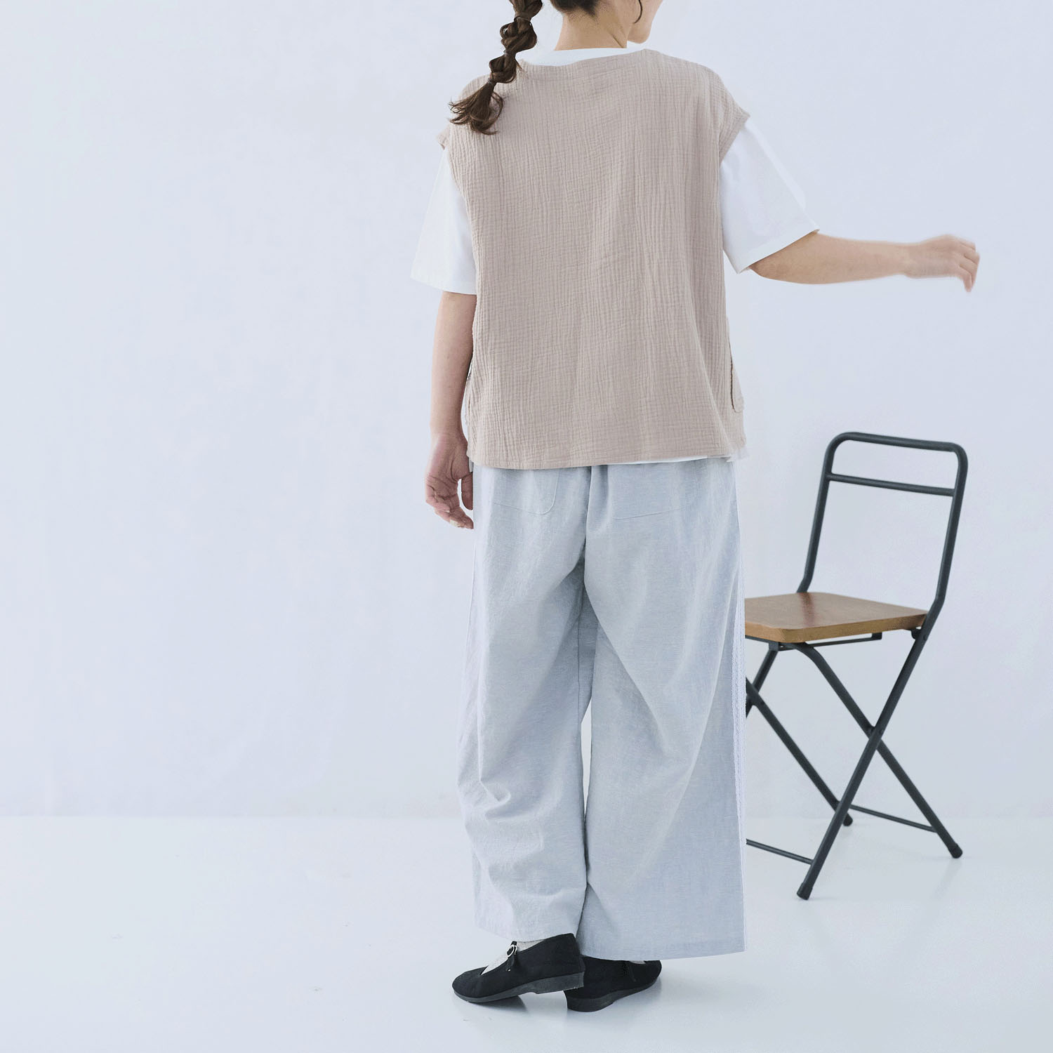 cloudnine ノンノ 先染め綿麻脇レース切替ワイドパンツ - 画像4