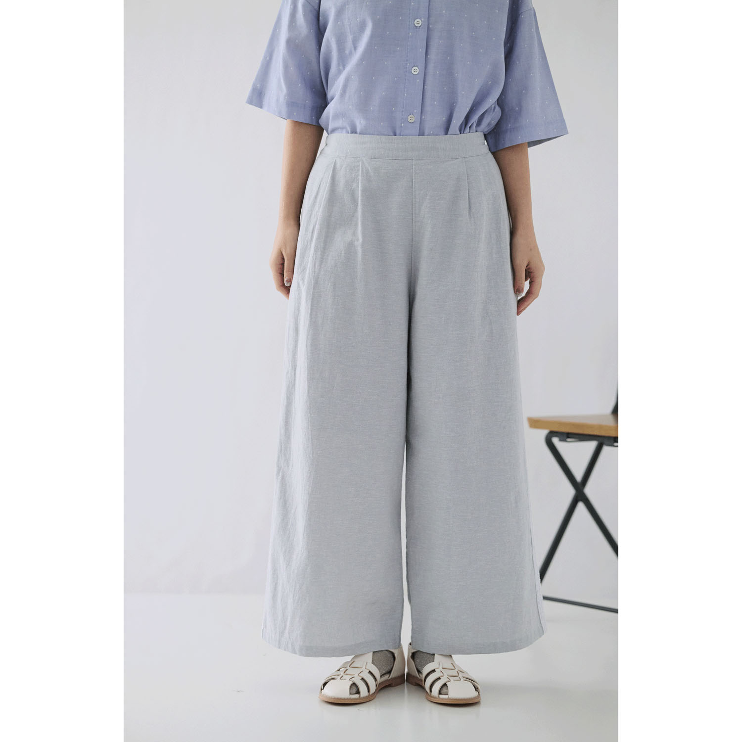 cloudnine ノンノ 先染め綿麻脇レース切替ワイドパンツ - 画像5