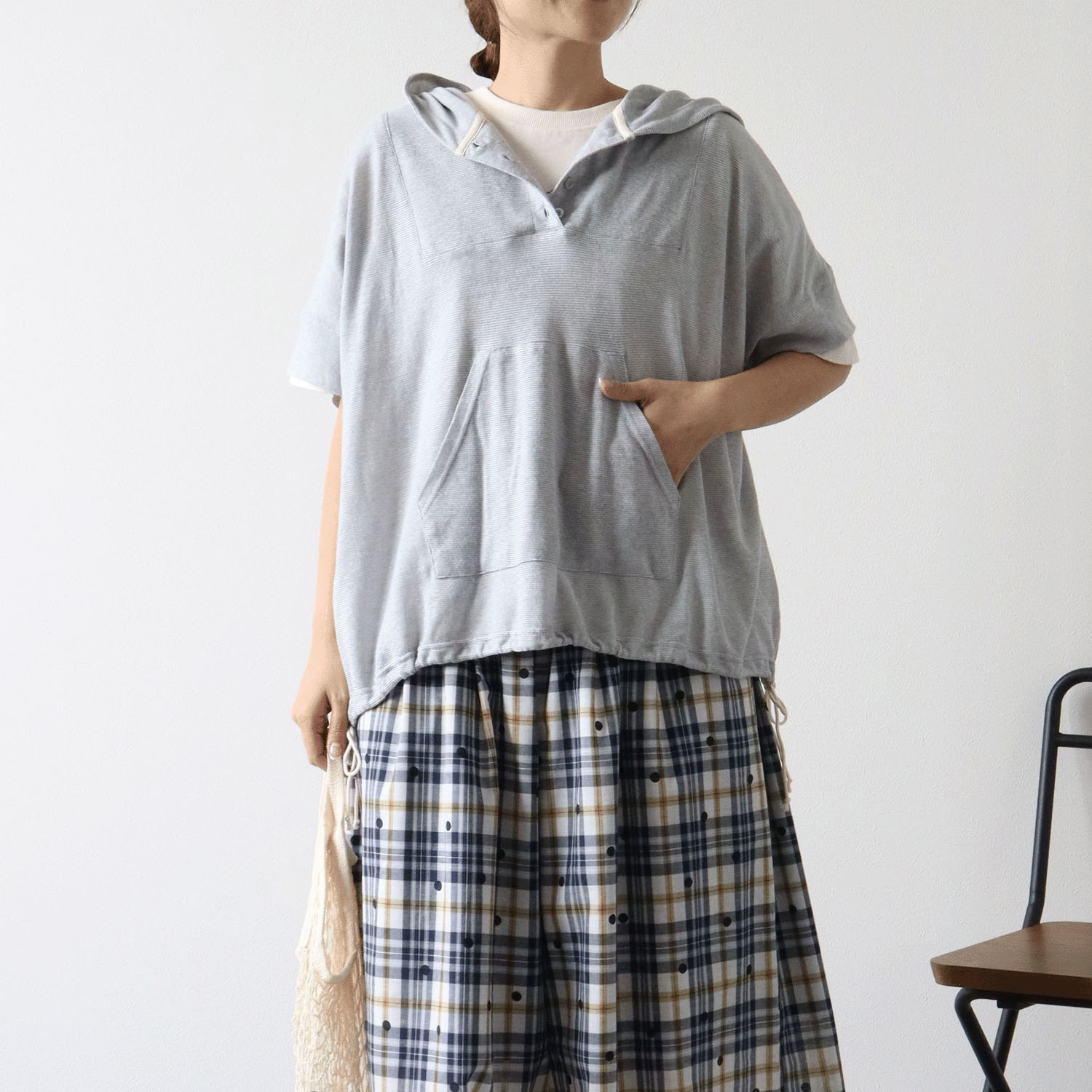 cloudnine SZガーゼ天竺 フード付きドルマン5分袖カットソー