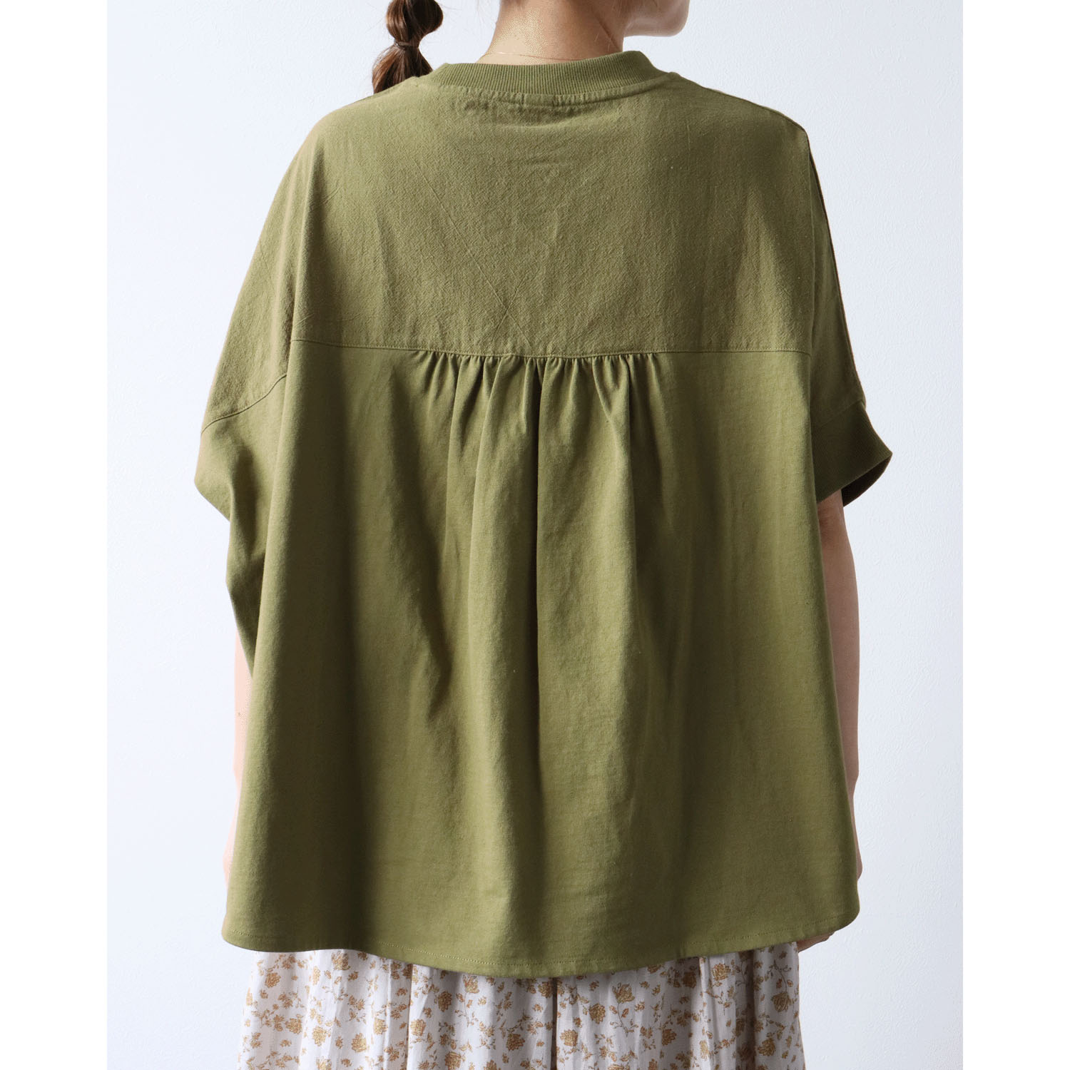 cloudnine UV加工 コットン天竺×綿麻布帛切替ドルマンハーフ袖カットソー - 画像11