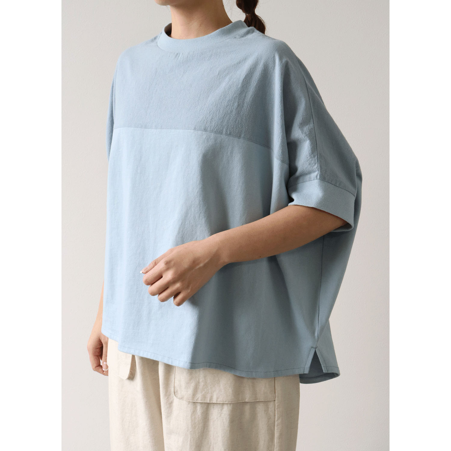 cloudnine UV加工 コットン天竺×綿麻布帛切替ドルマンハーフ袖カットソー - 画像15