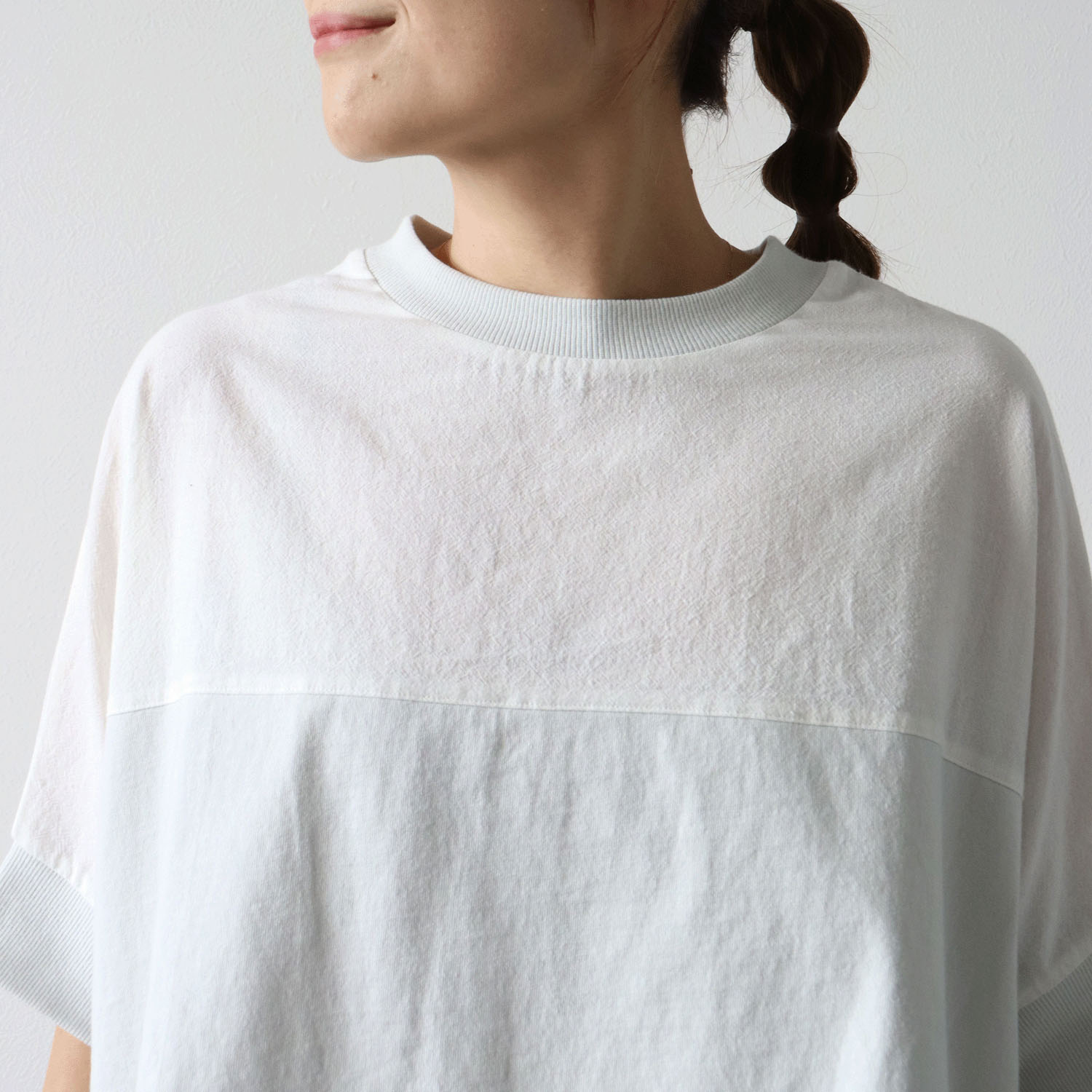 cloudnine UV加工 コットン天竺×綿麻布帛切替ドルマンハーフ袖カットソー - 画像5