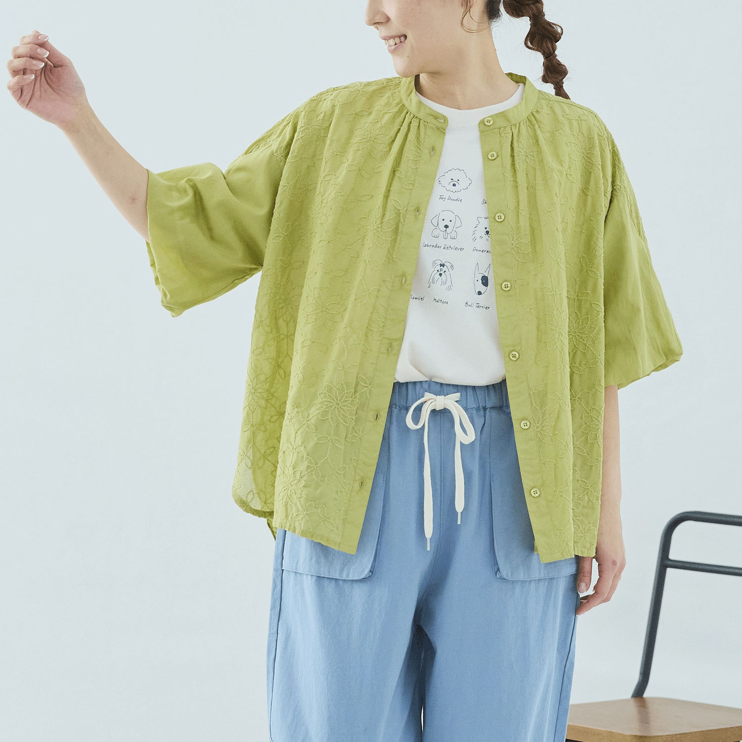 cloudnine 綿ボイルシフリー刺繍入り5分袖バルーン前あきブラウス