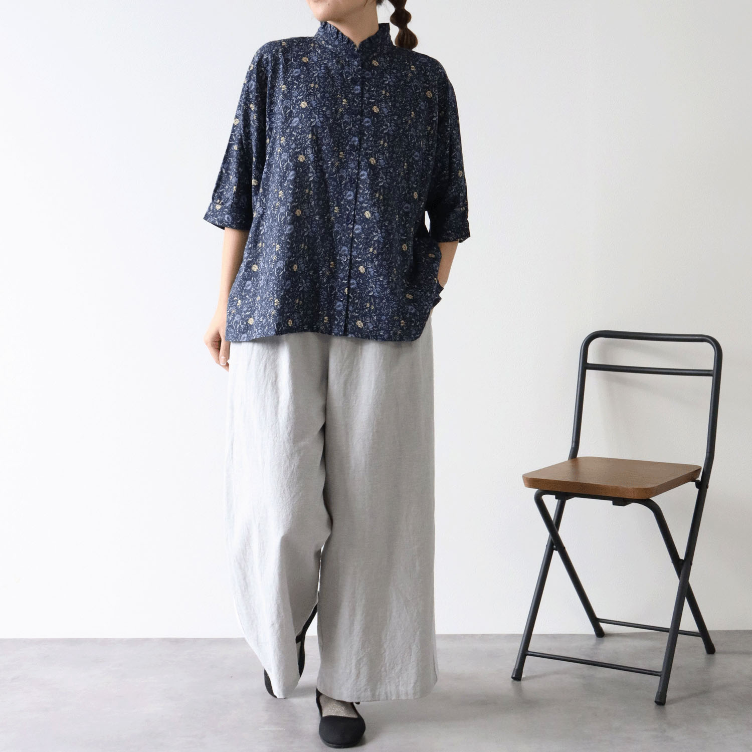 cloudnine レーヨン／綿 ドビーストライプ花柄ドルマン7分袖 ブラウス - 画像8