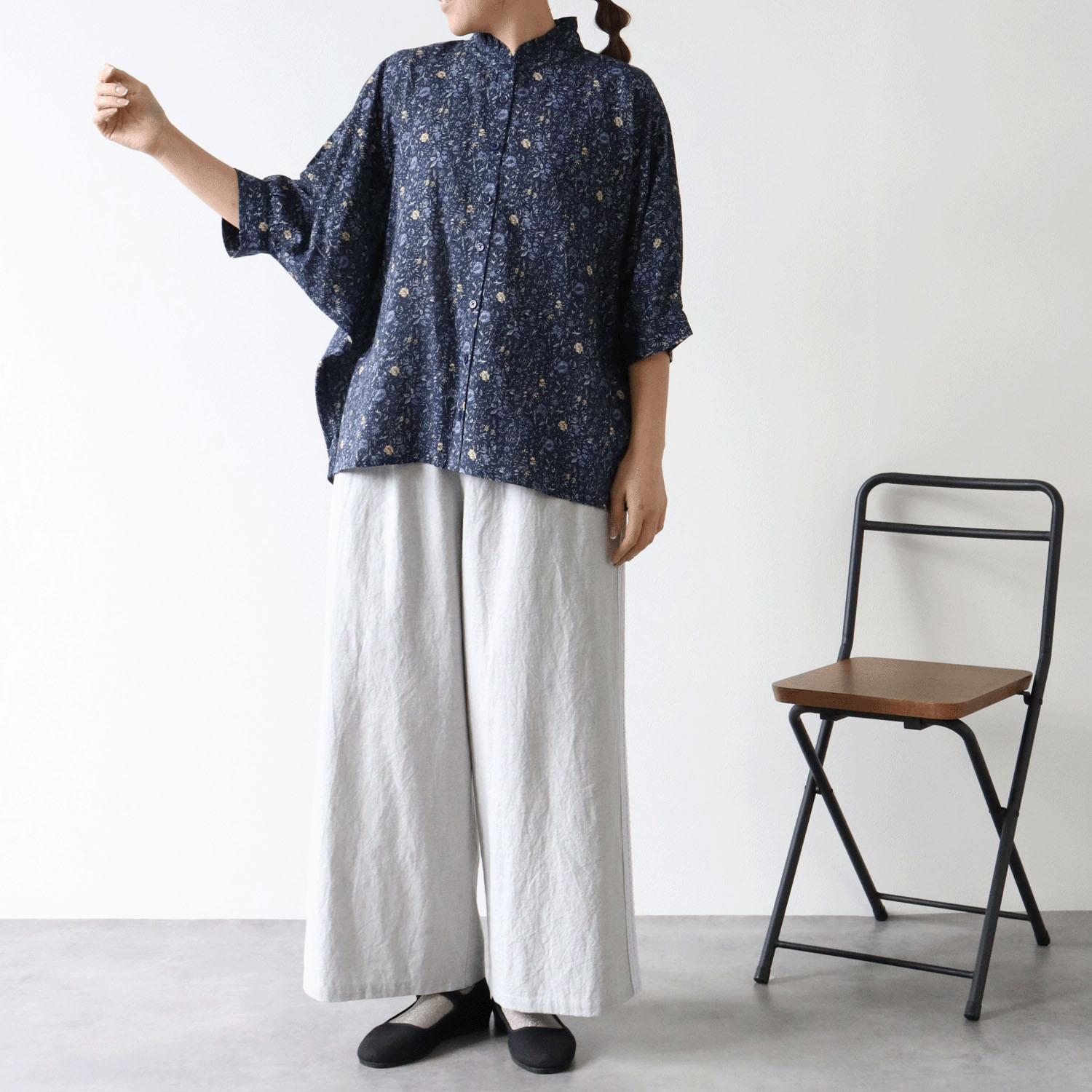 cloudnine レーヨン／綿 ドビーストライプ花柄ドルマン7分袖 ブラウス - 画像9