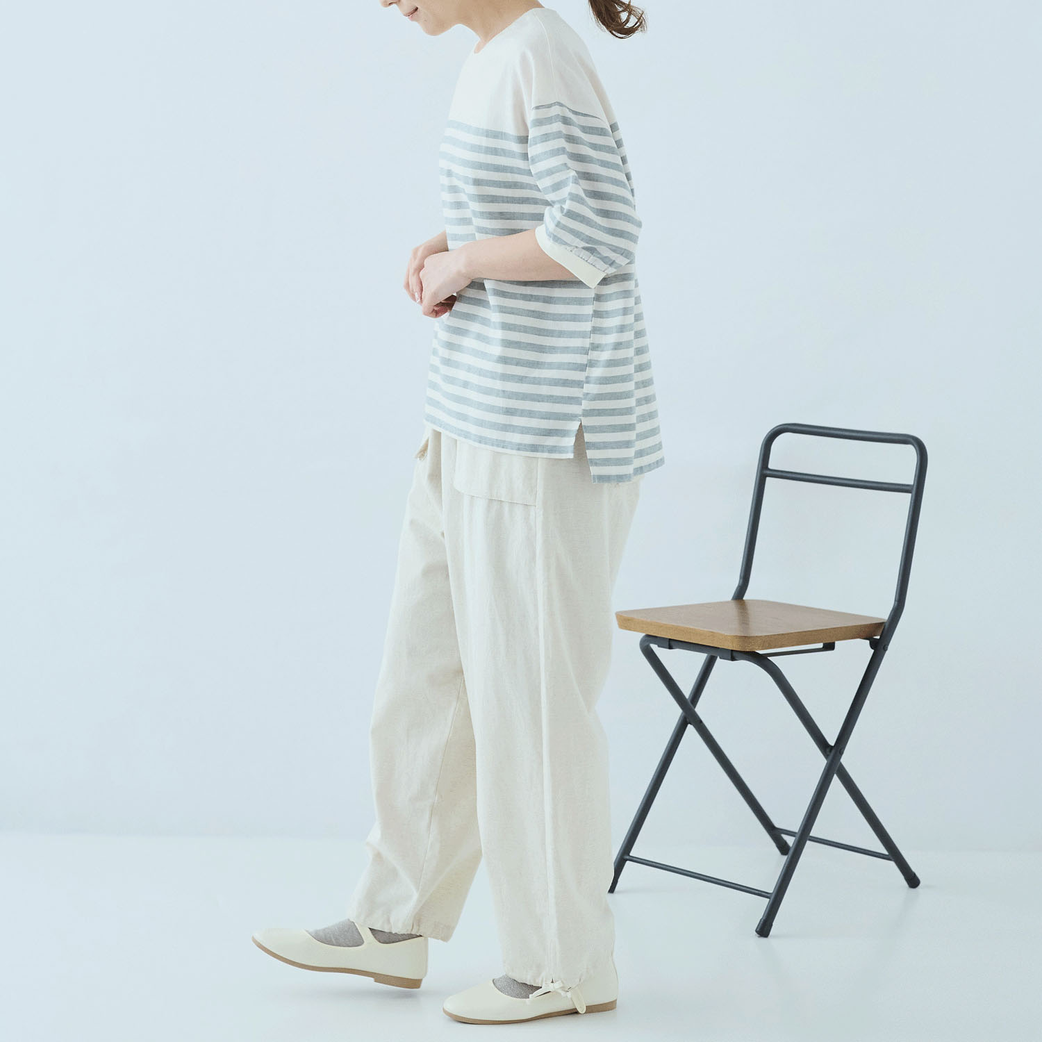 cloucnine 綿麻レーヨン パネルボーダー7分袖クルーネックブラウス - 画像11