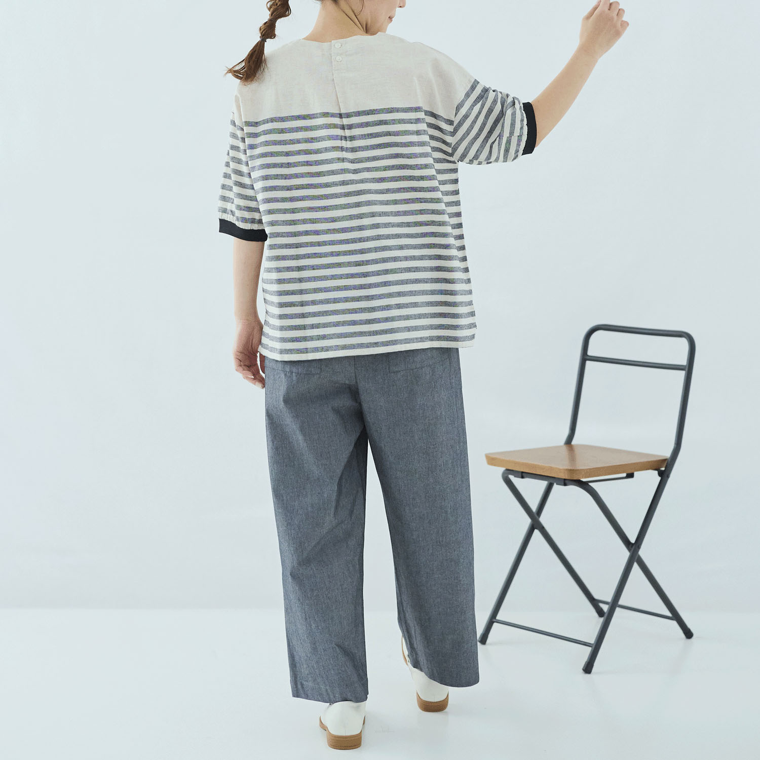 cloucnine 綿麻レーヨン パネルボーダー7分袖クルーネックブラウス - 画像4