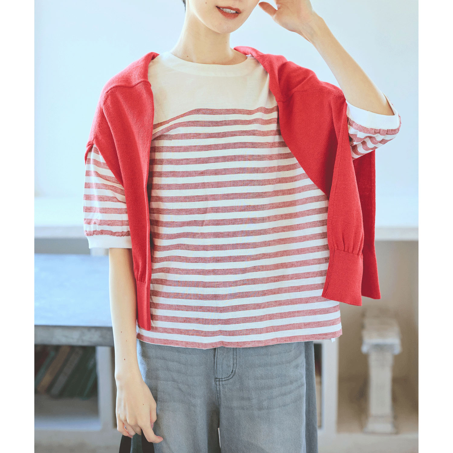 cloucnine 綿麻レーヨン パネルボーダー7分袖クルーネックブラウス - 画像5