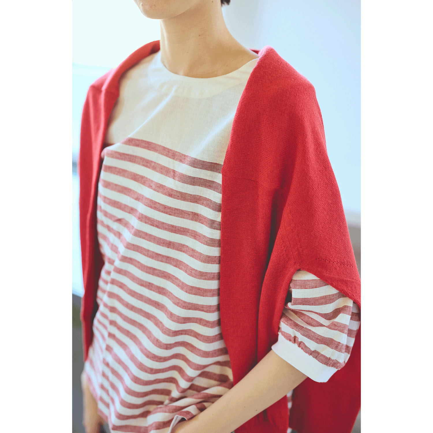 cloucnine 綿麻レーヨン パネルボーダー7分袖クルーネックブラウス - 画像8