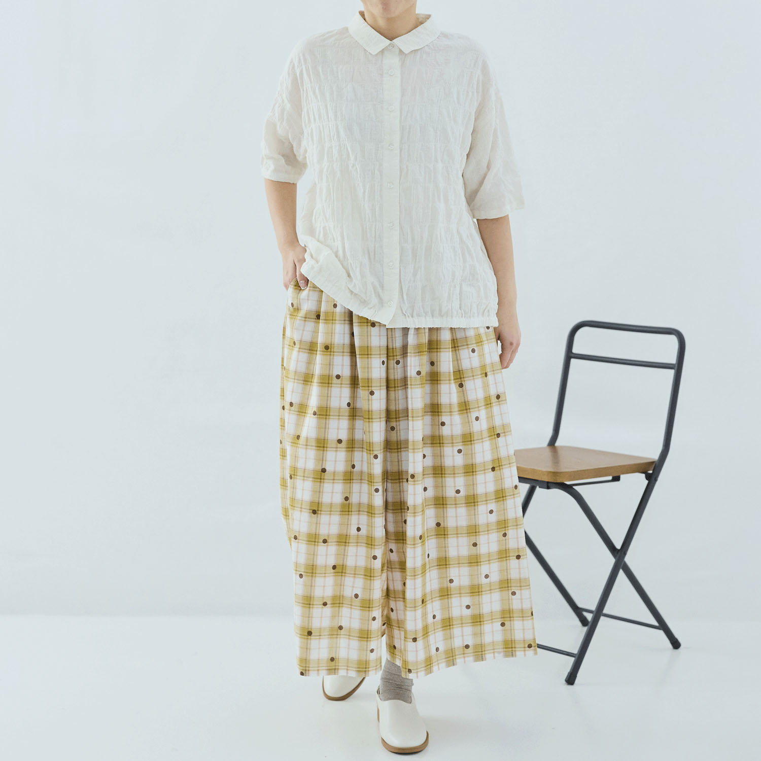 cloudnine ジャガードチェック×ドットpt9分丈 タック入りフレアパンツ - 画像2