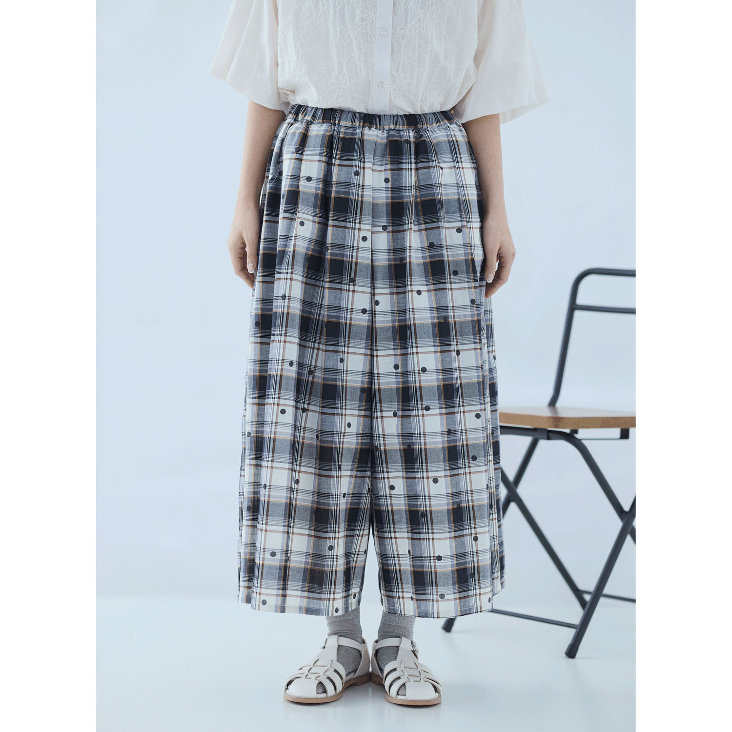 cloudnine ジャガードチェック×ドットpt9分丈 タック入りフレアパンツ - 画像12