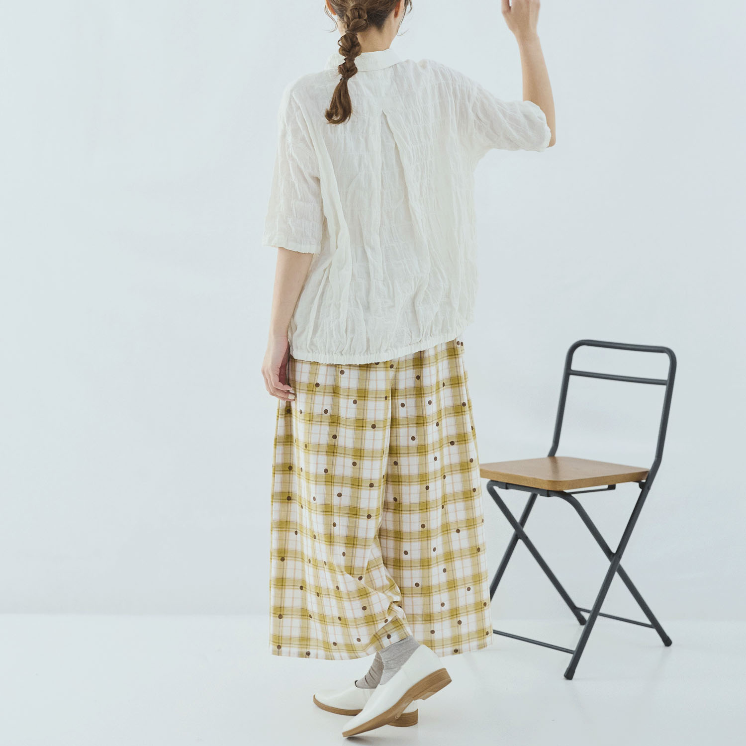 cloudnine ジャガードチェック×ドットpt9分丈 タック入りフレアパンツ - 画像4