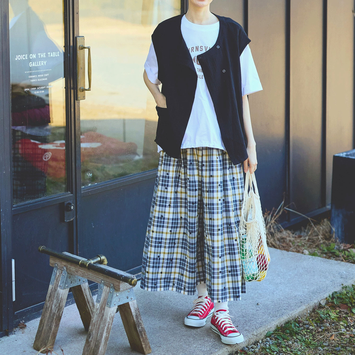 cloudnine ジャガードチェック×ドットpt9分丈 タック入りフレアパンツ - 画像6