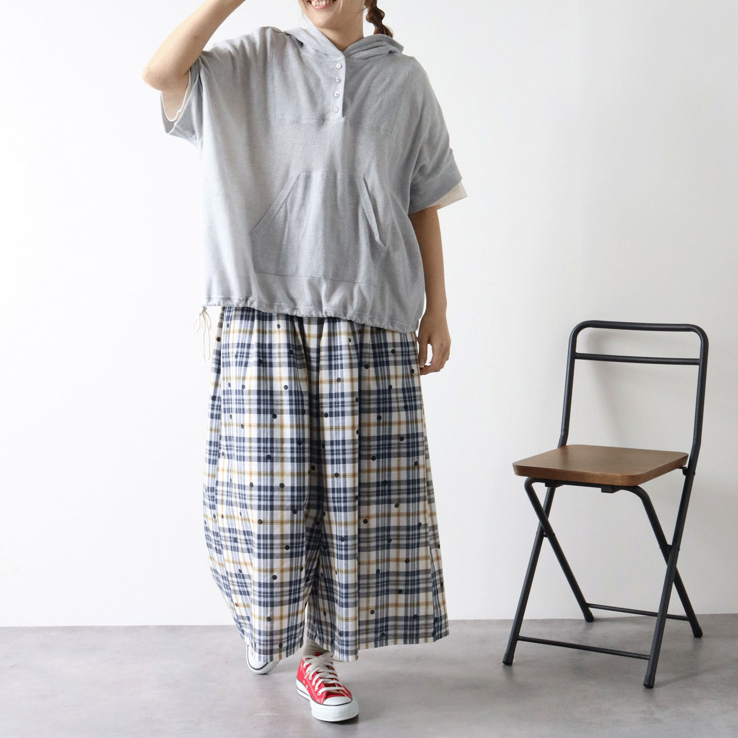 cloudnine ジャガードチェック×ドットpt9分丈 タック入りフレアパンツ - 画像7