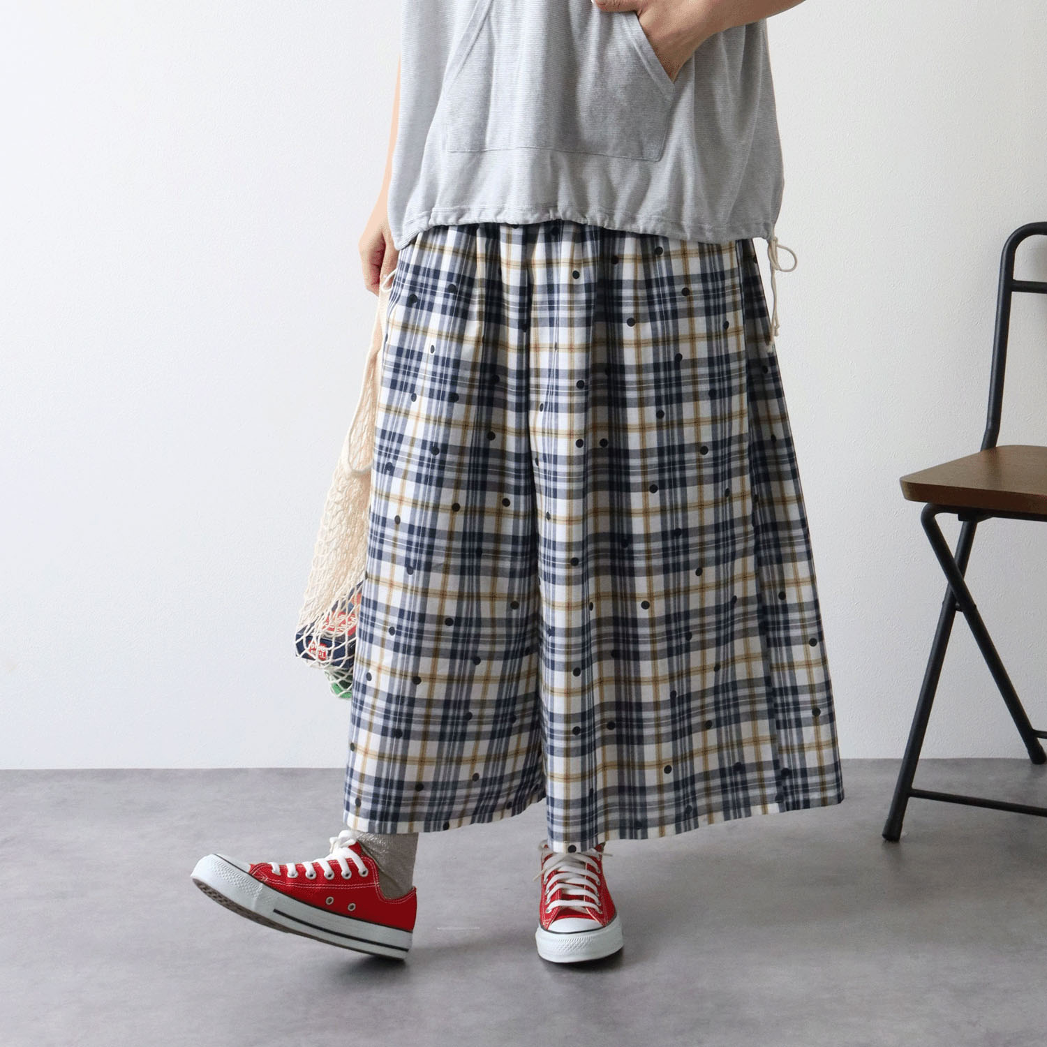 cloudnine ジャガードチェック×ドットpt9分丈 タック入りフレアパンツ