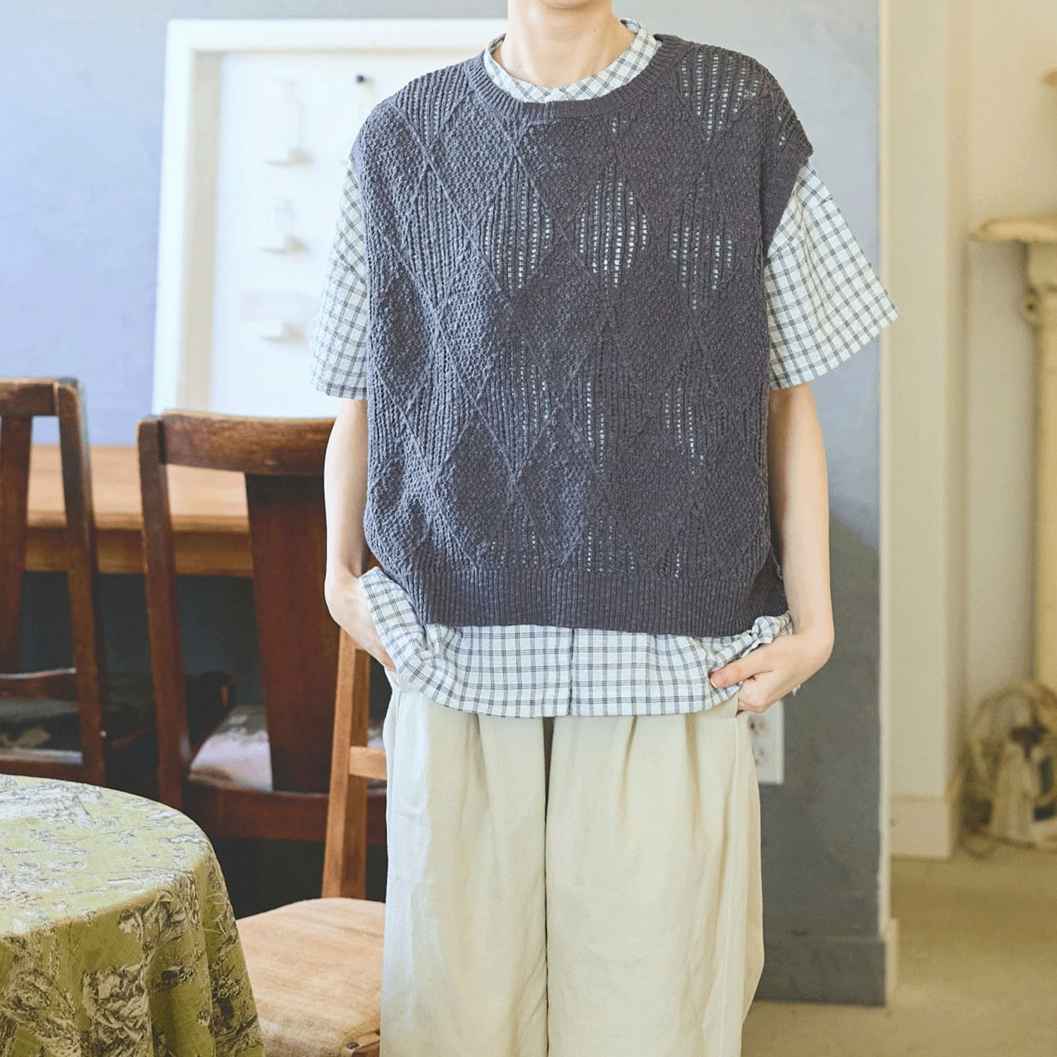 cloudnine コットンニットダイヤ柄ゆったりシルエットのニットベスト - 画像1