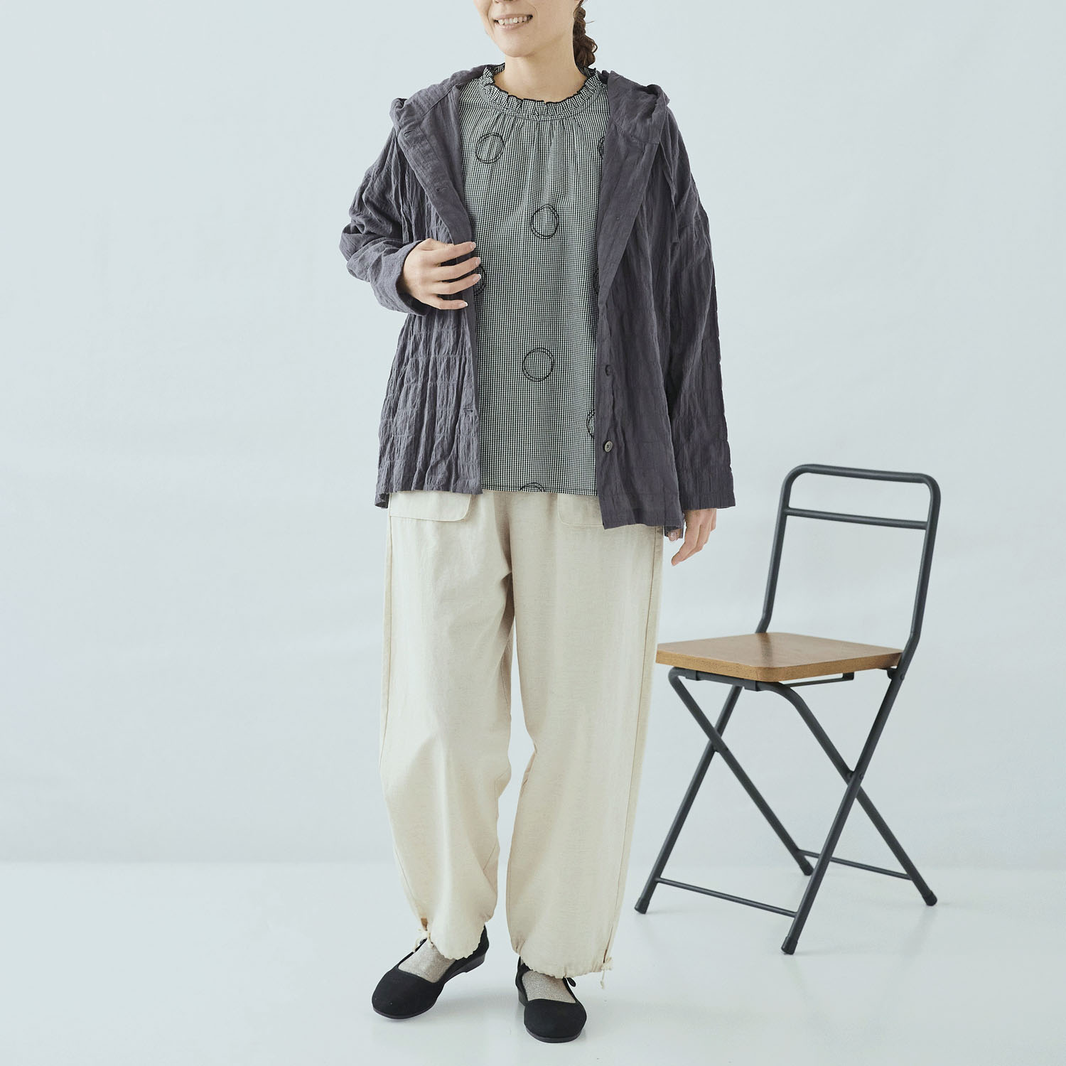 cloudnine 先染めC／Pu布帛無地フード付きアウター - 画像2