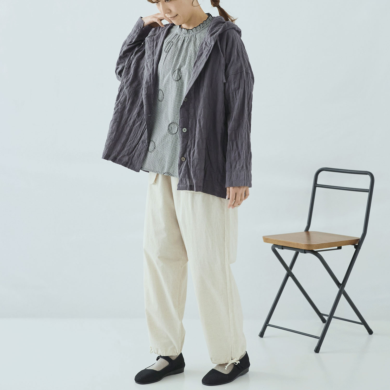 cloudnine 先染めC／Pu布帛無地フード付きアウター - 画像4