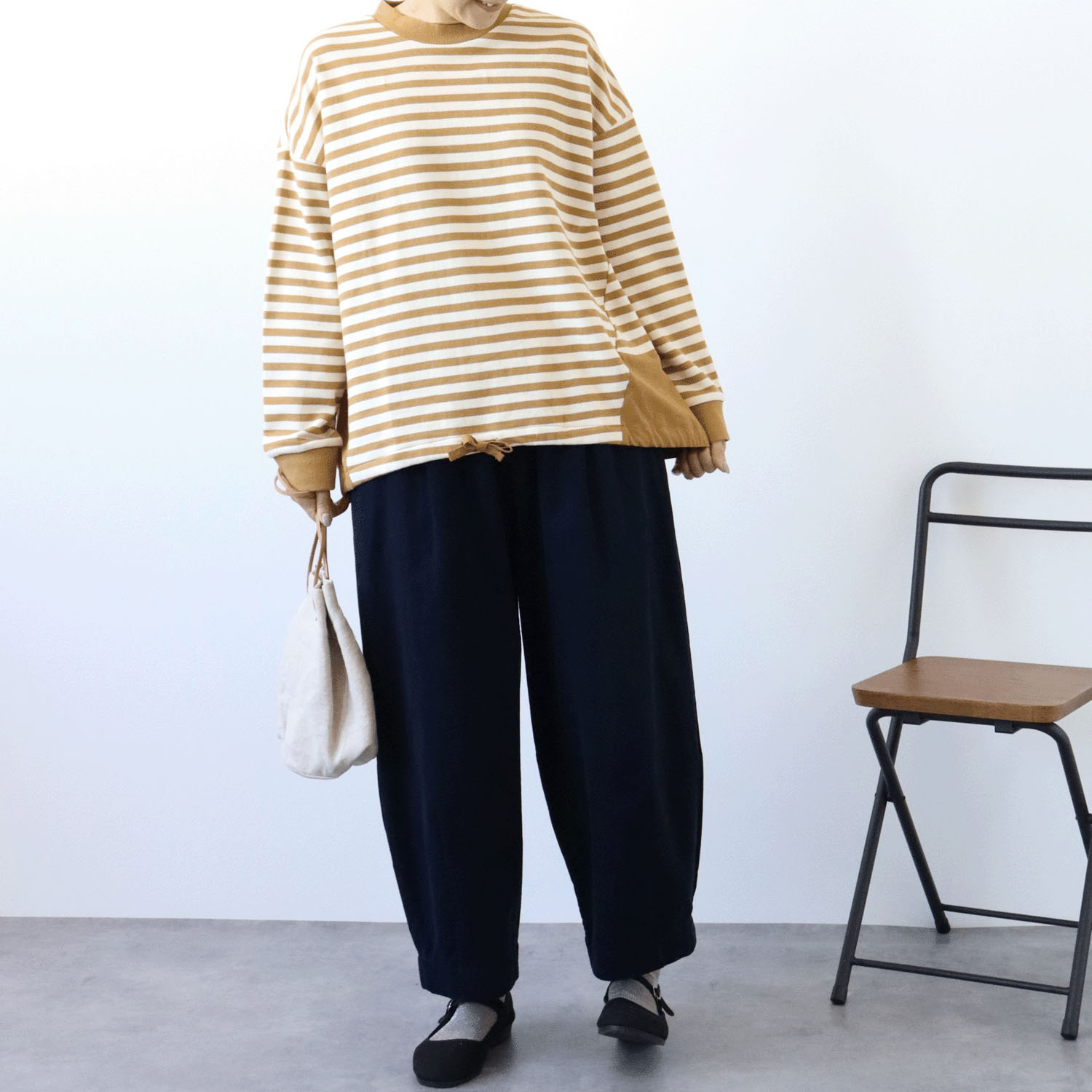 cloudnine ノンノ 裏毛先染めボーダー＋布帛無地＋リブモックネックカットソープルオーバー - 画像6