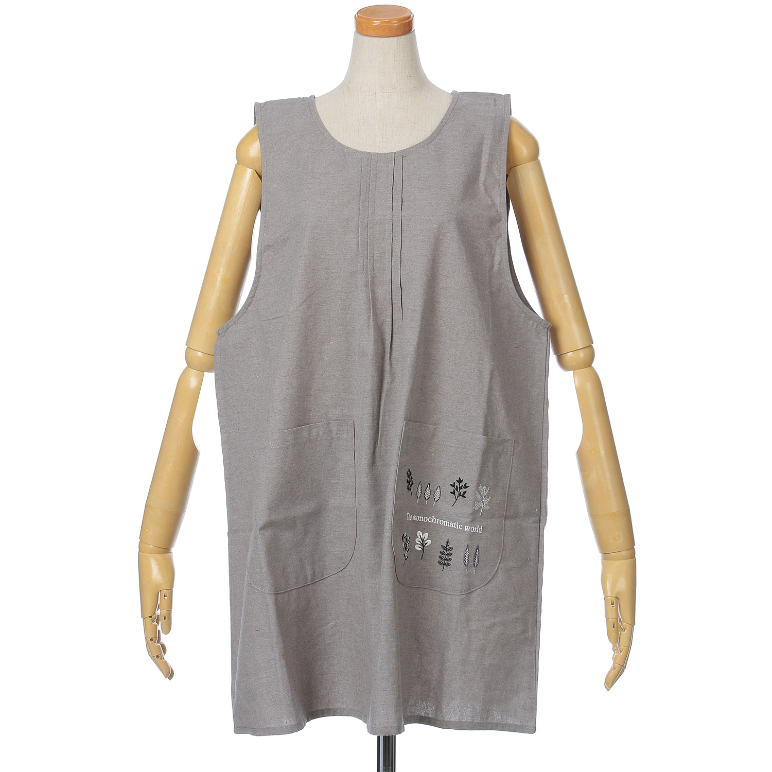 リーフ刺繍モノトーンかぶりエプロン - 画像1