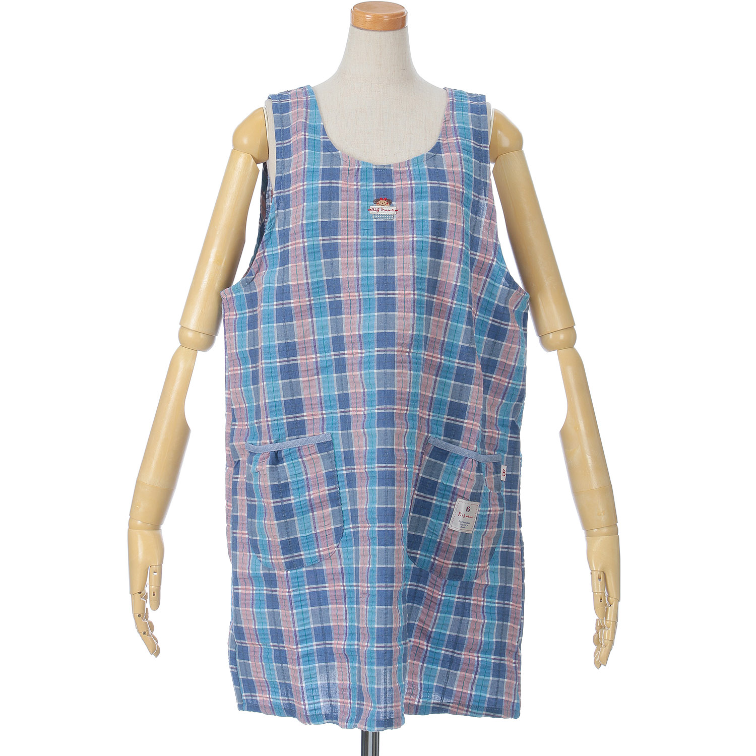 ビッグママ サッカーチェックラン型カブリエプロン - 画像1